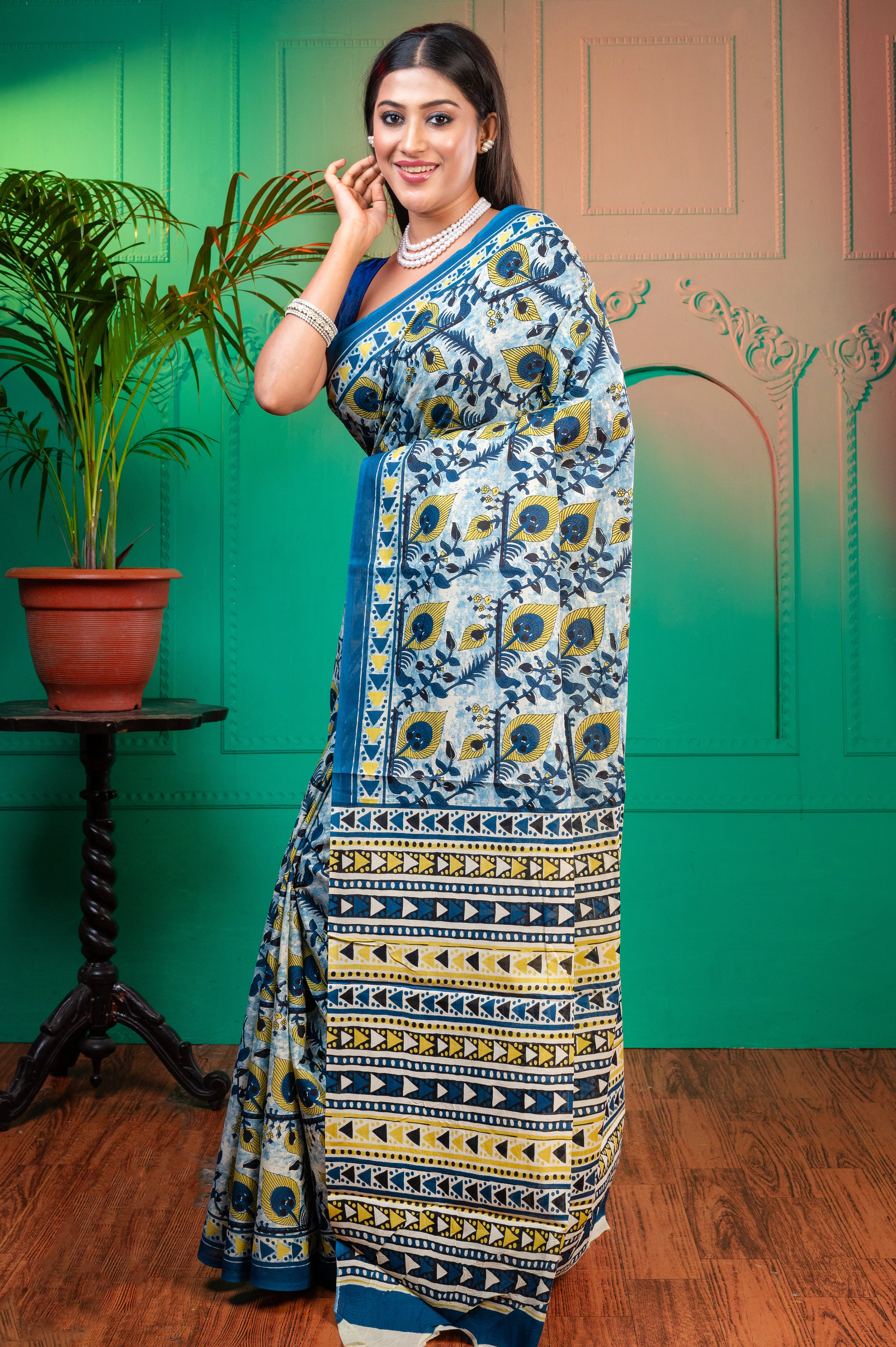 Women Blue Pure Bagru Malmal Cotton Saree With Multicolor Floral Motifs