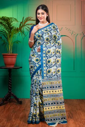 Women Blue Pure Bagru Malmal Cotton Saree With Multicolor Floral Motifs