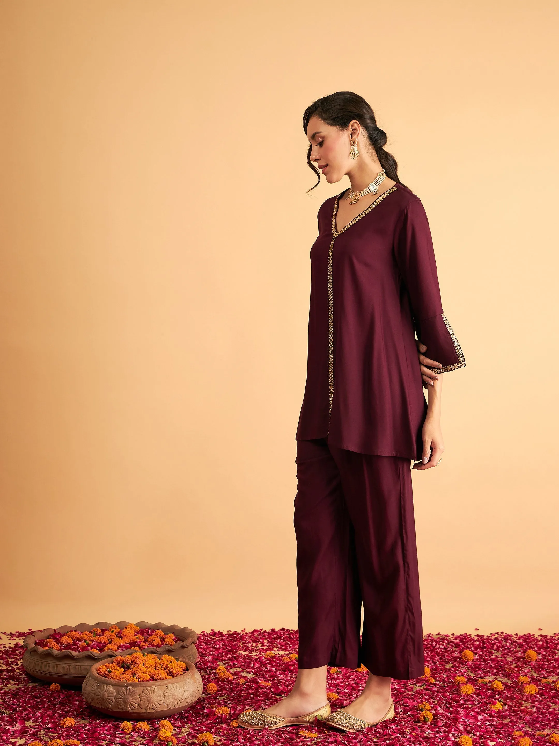 Women Burgundy Embroidered A Line Top With Straight Pants