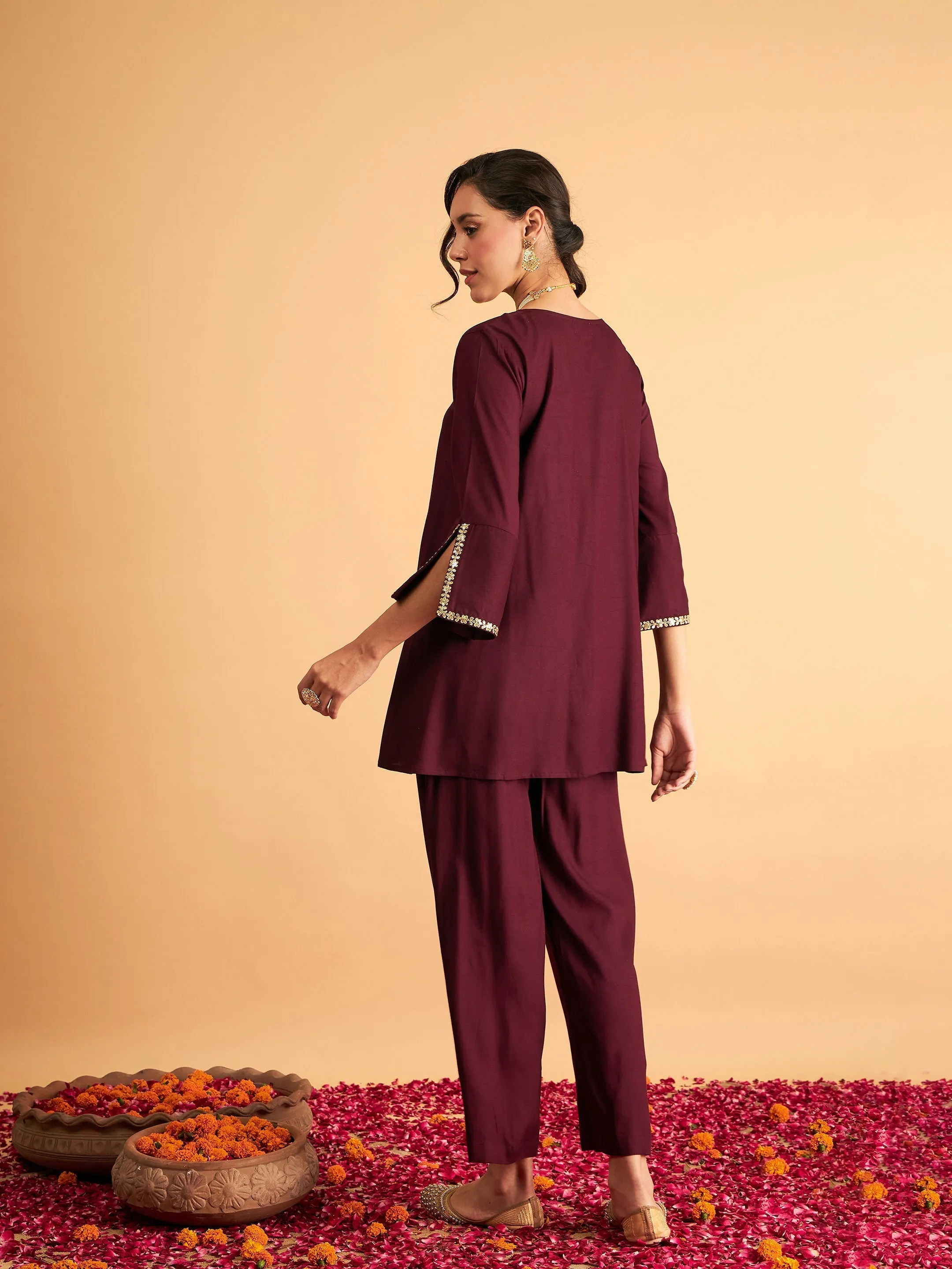 Women Burgundy Embroidered A Line Top With Straight Pants