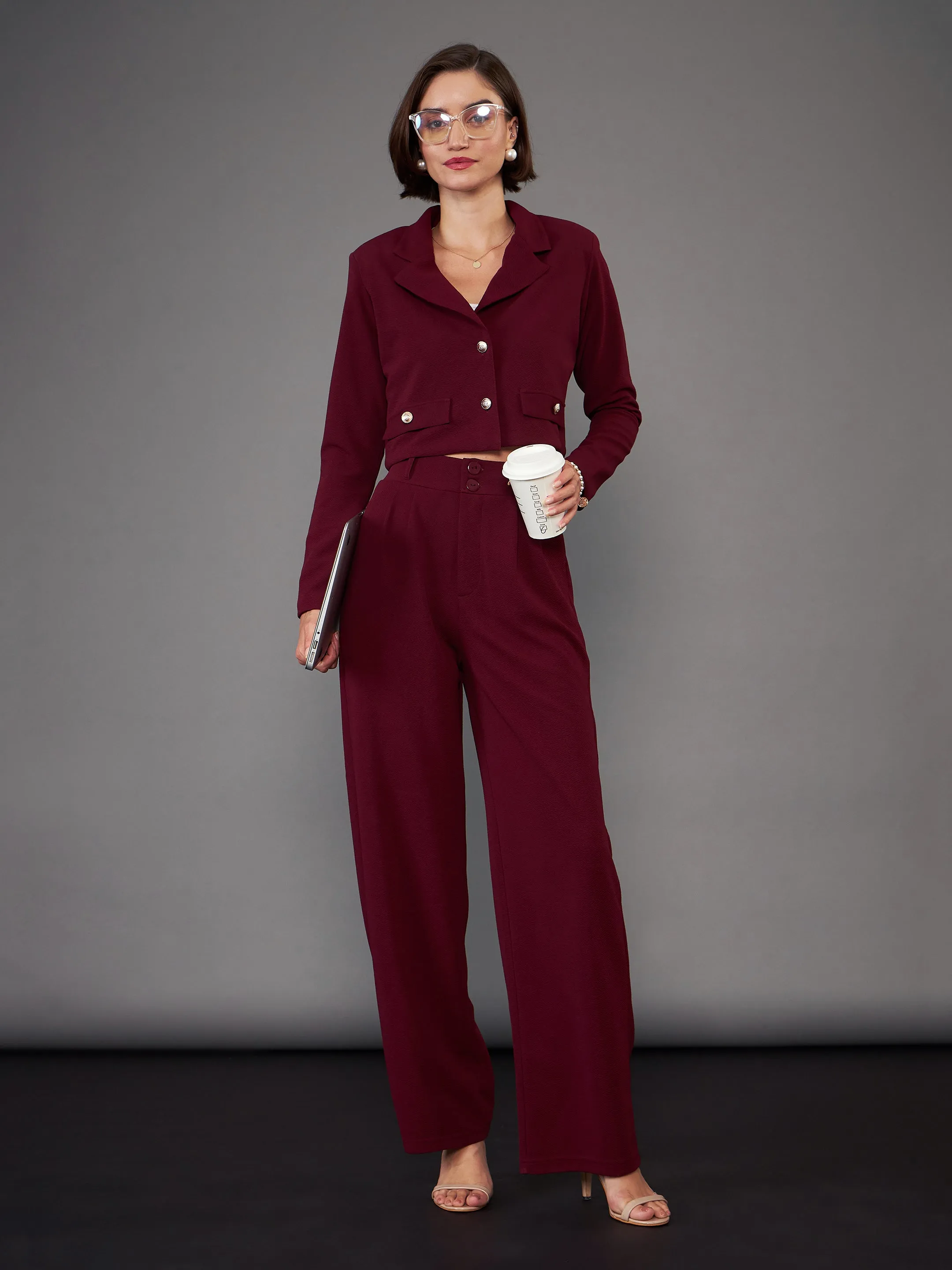 Women Burgundy Notch Collar Crop Blazer With Pleated Pants