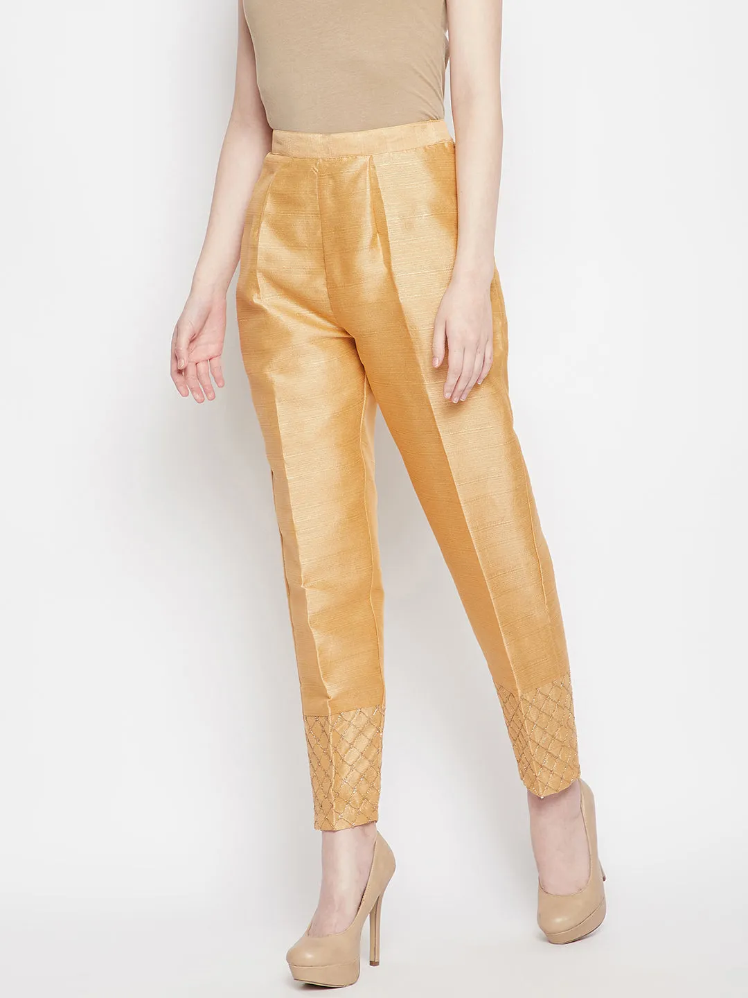 Women Dark Fawn Hem Design Silk Trouser