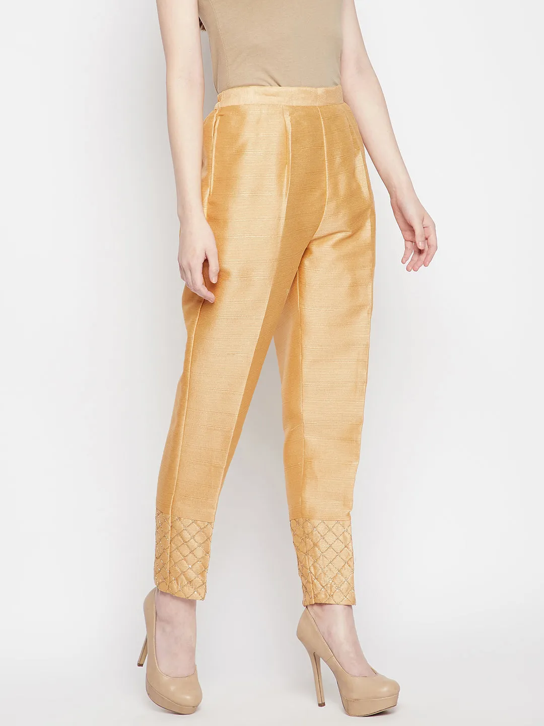 Women Dark Fawn Hem Design Silk Trouser