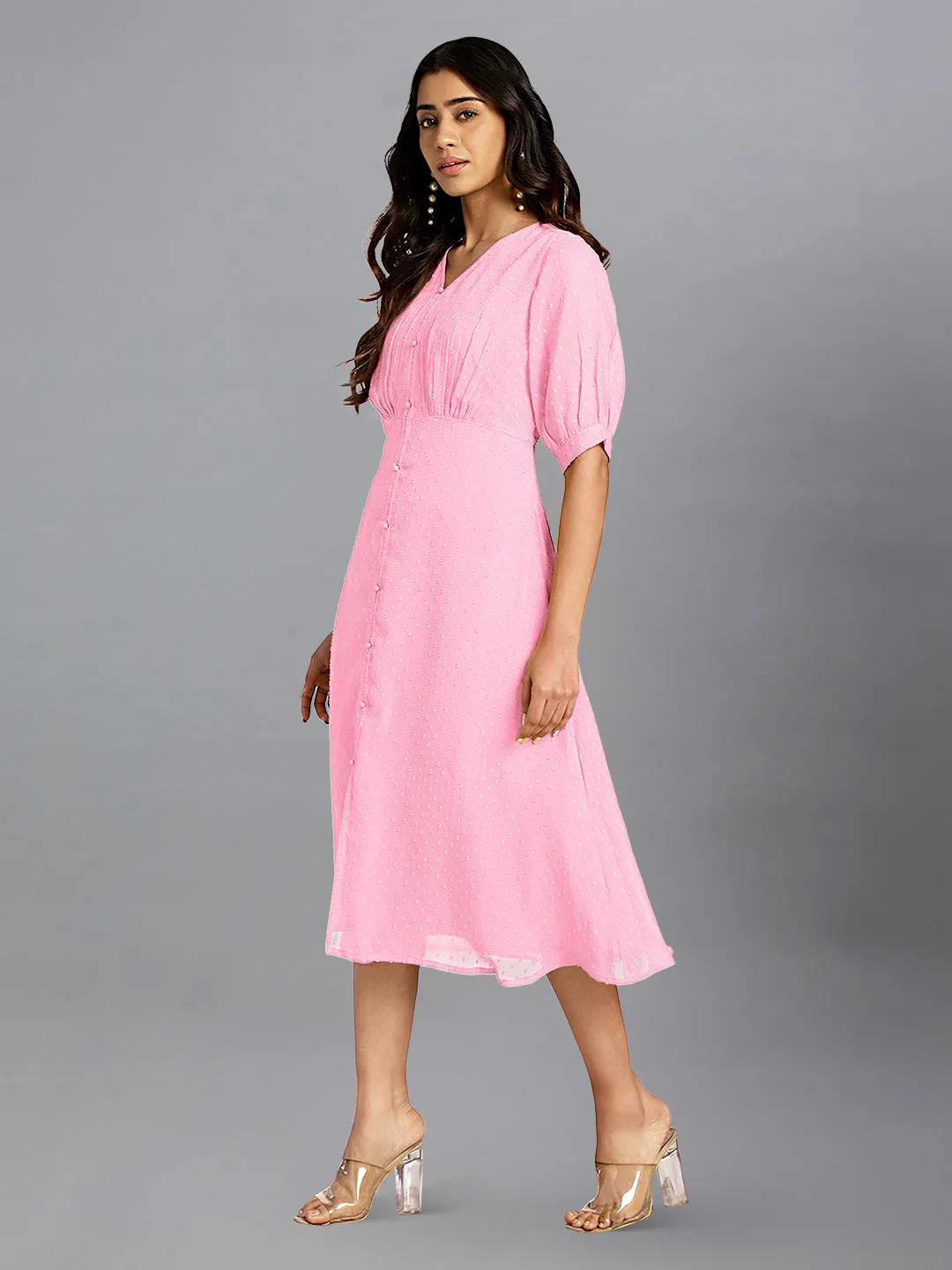 Women Dobby Chiffon Pink Dress