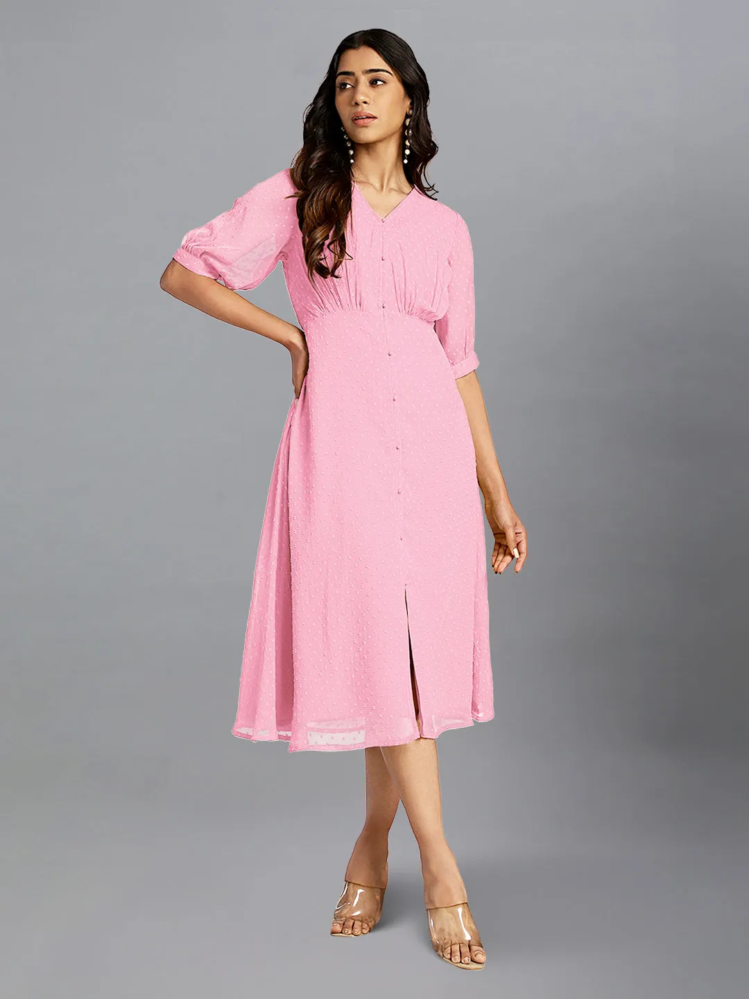 Women Dobby Chiffon Pink Dress