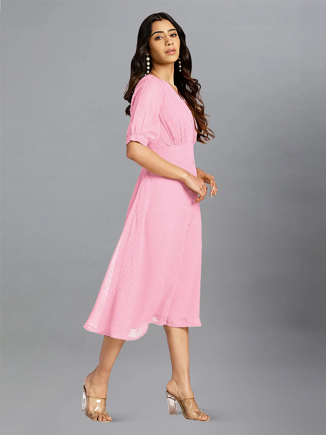 Women Dobby Chiffon Pink Dress