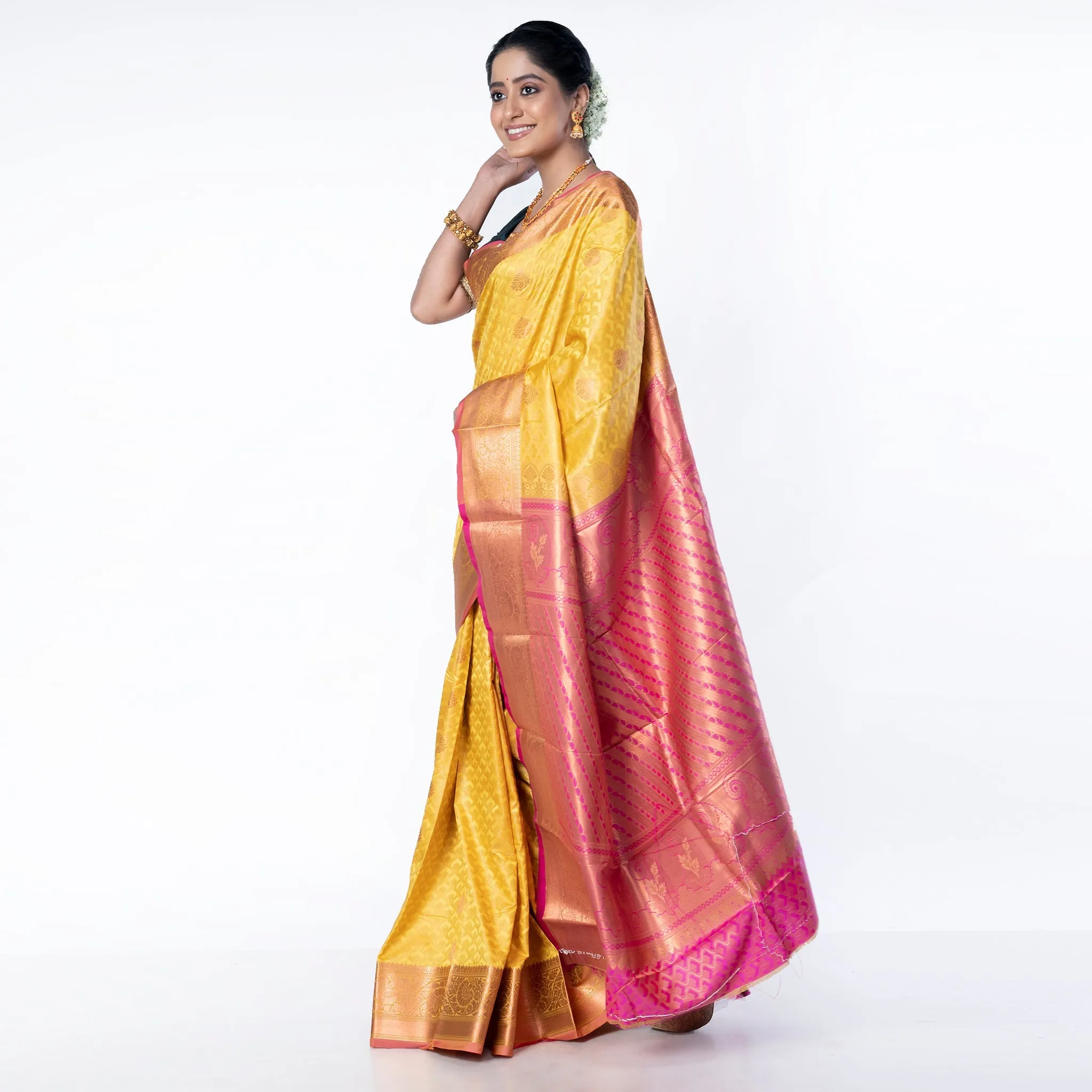 Women Kanjivaram Silk Saree In Mustard Yellow Color With Zari Motifs And Pallu