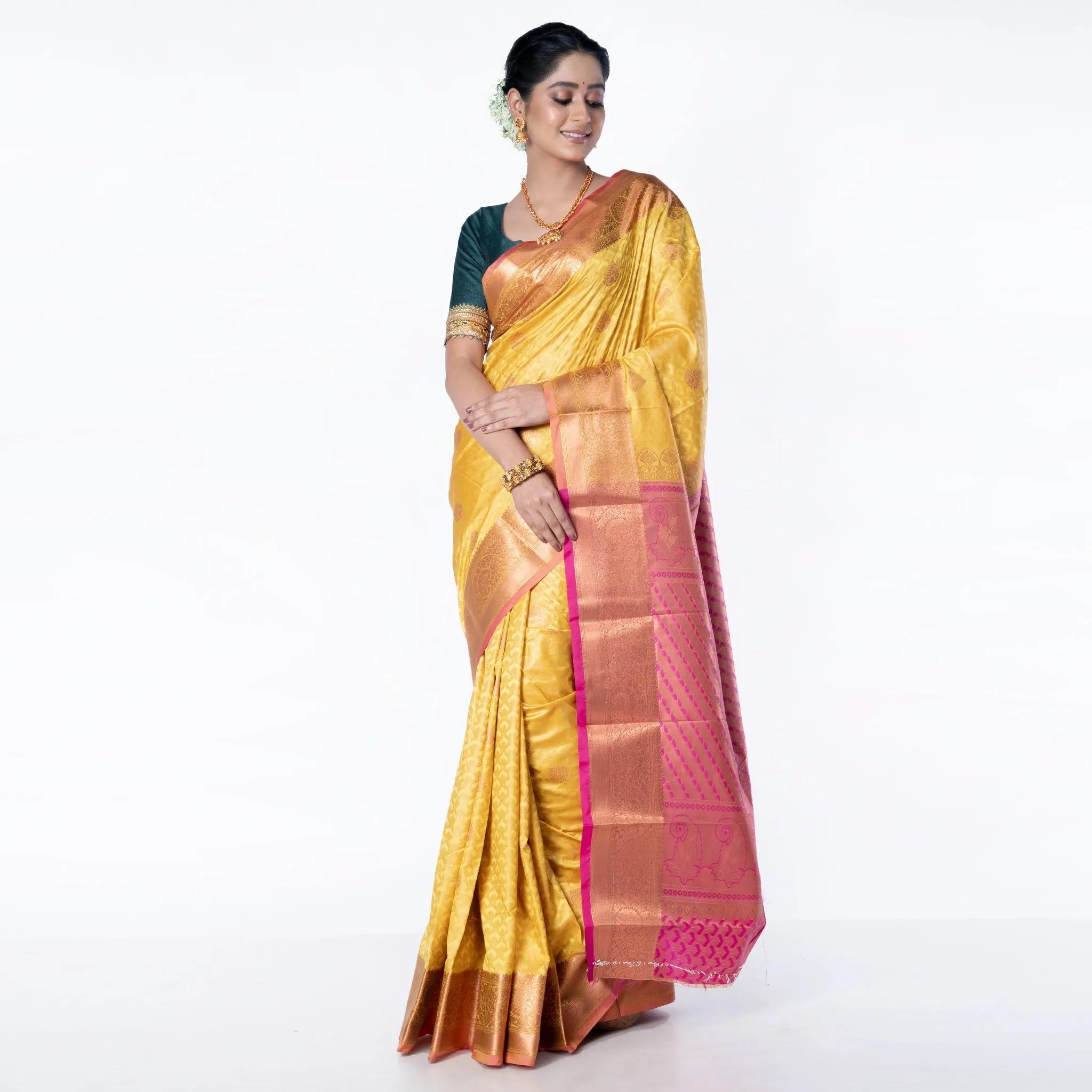 Women Kanjivaram Silk Saree In Mustard Yellow Color With Zari Motifs And Pallu