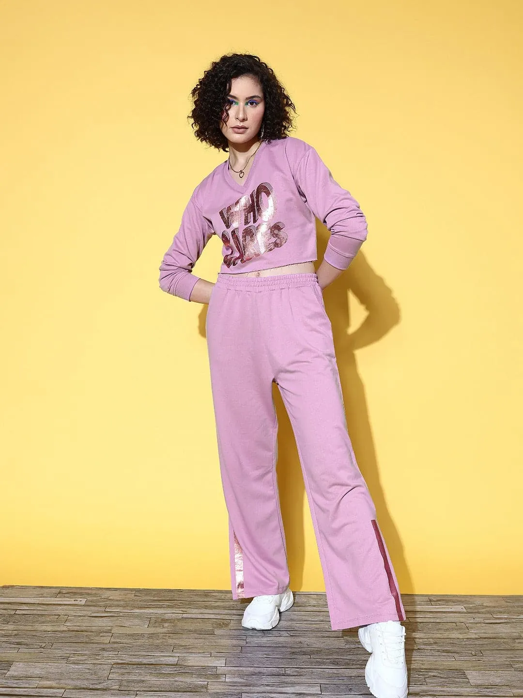 Women Lilac Who Cares Crop Terry Sweatshirt With Pants