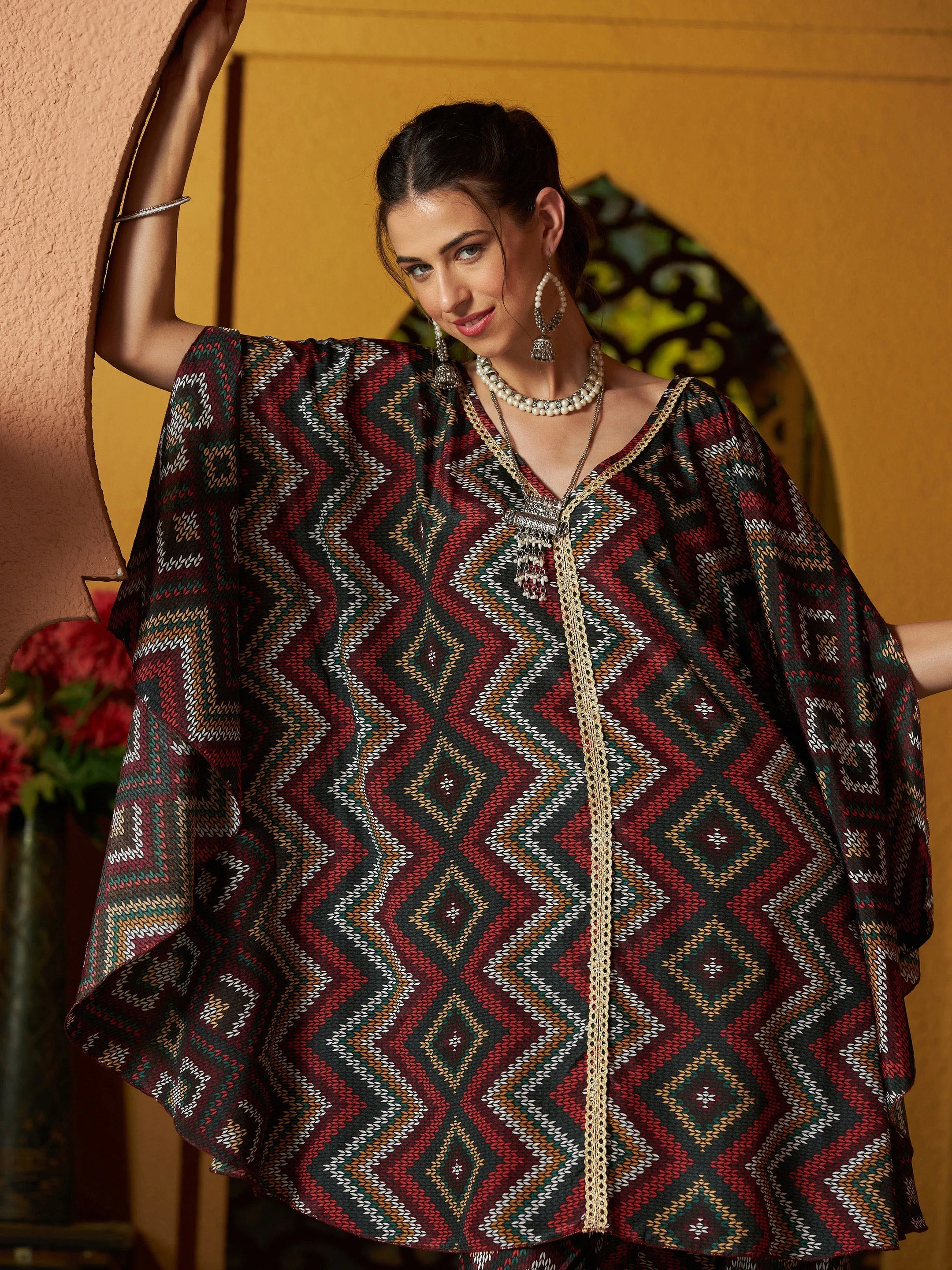 Women Maroon Multi Chevron Kaftan Top With Pencil Pants