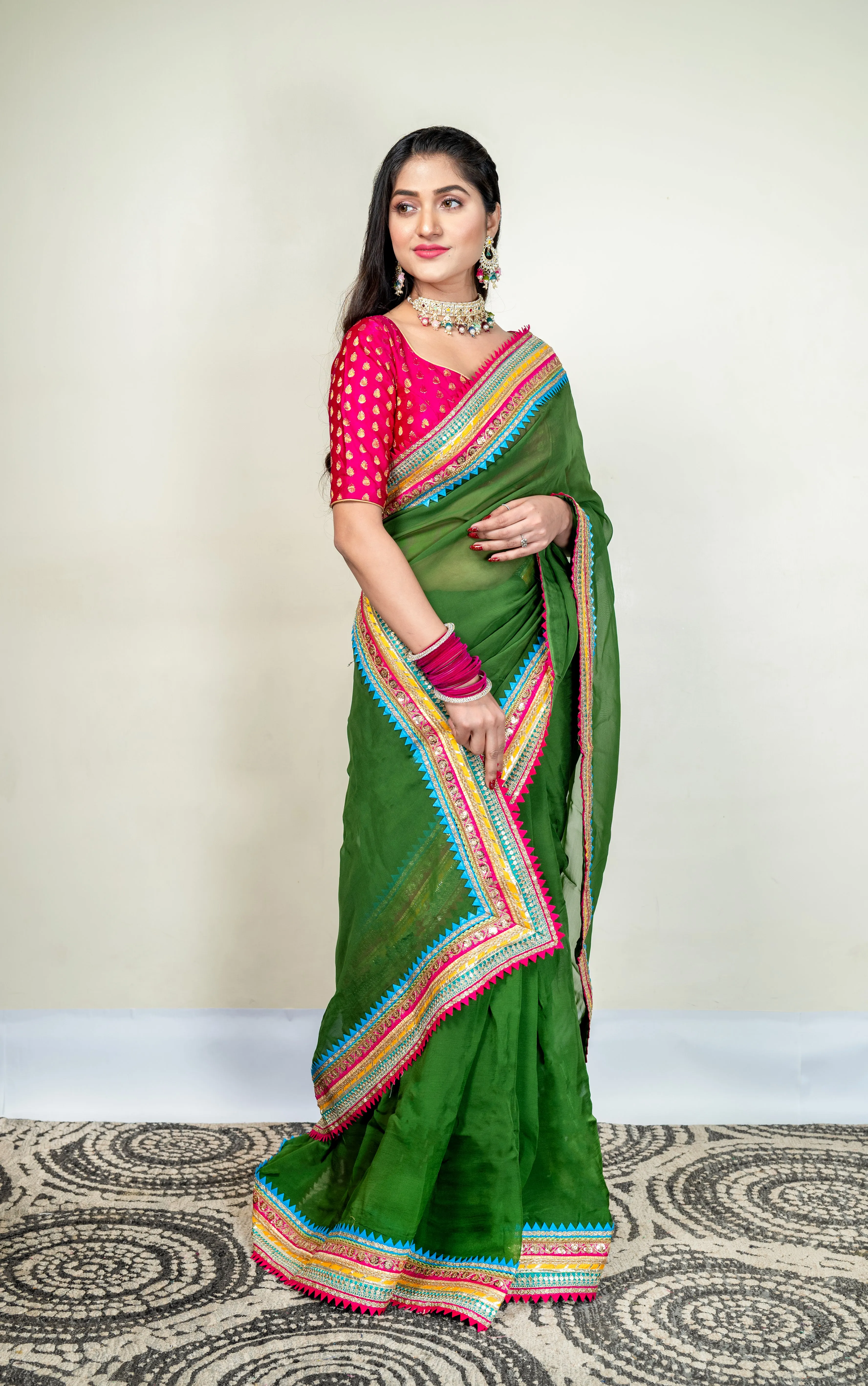 Women Moss Green Organza Saree With Multicolor Border