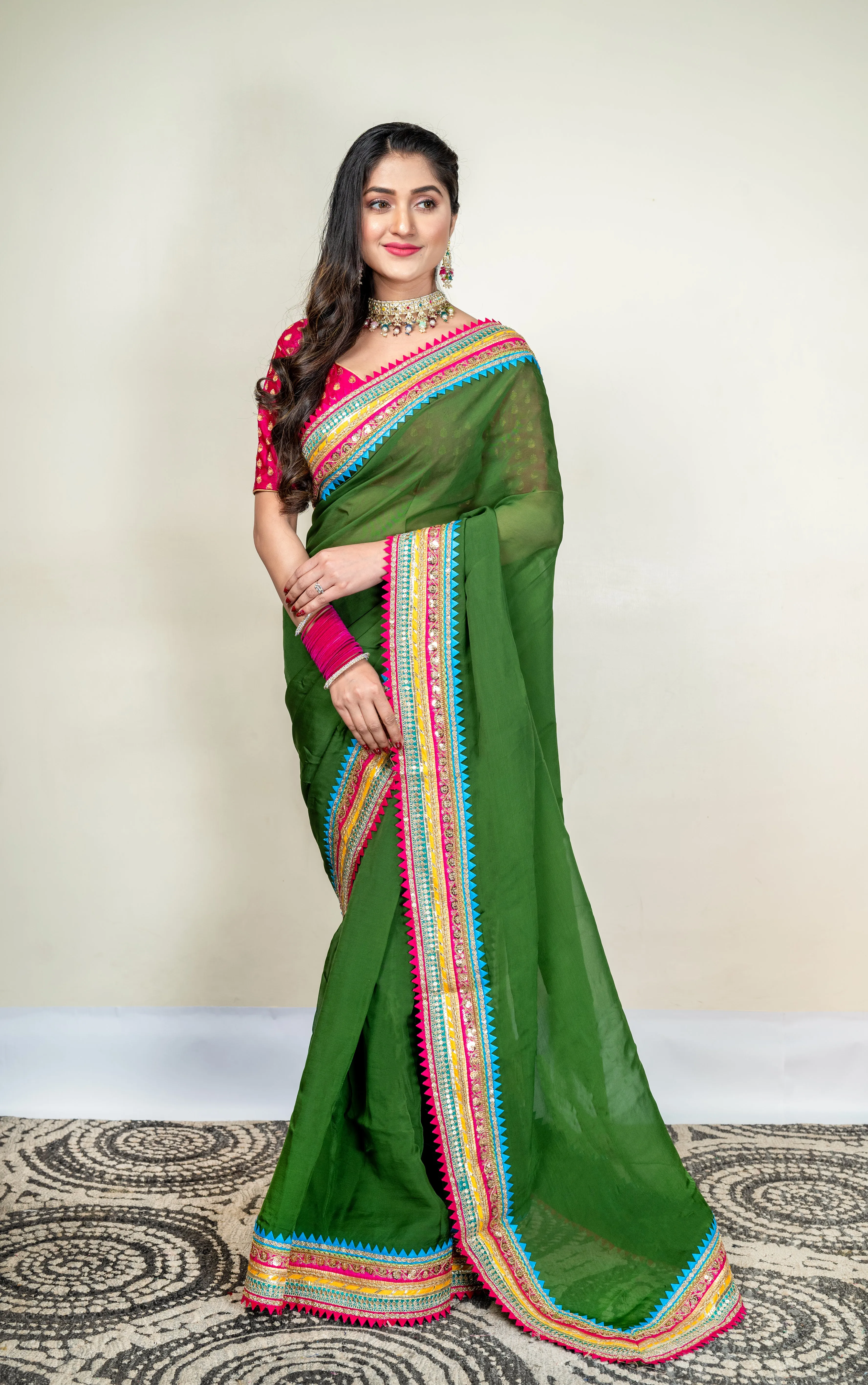 Women Moss Green Organza Saree With Multicolor Border