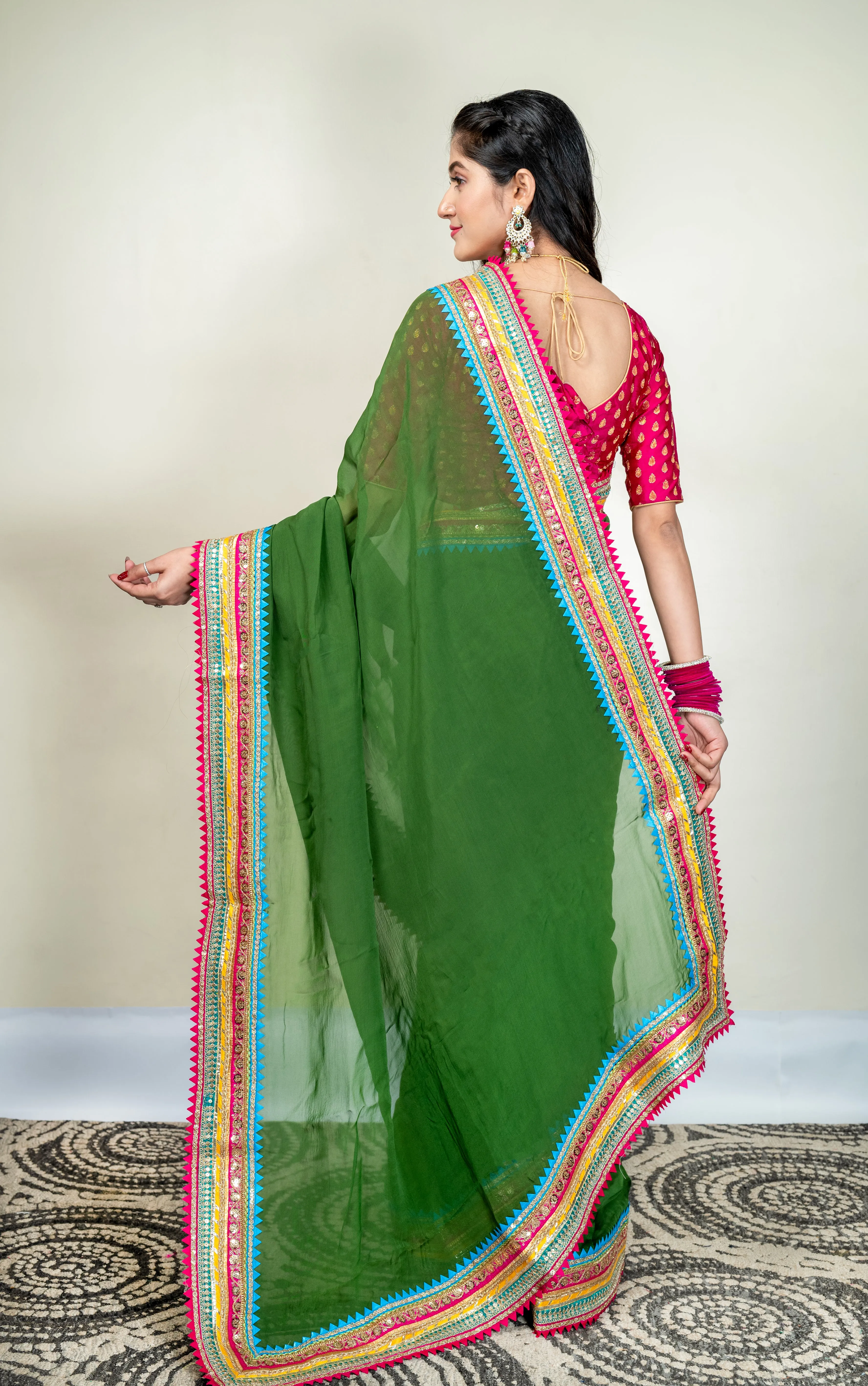 Women Moss Green Organza Saree With Multicolor Border