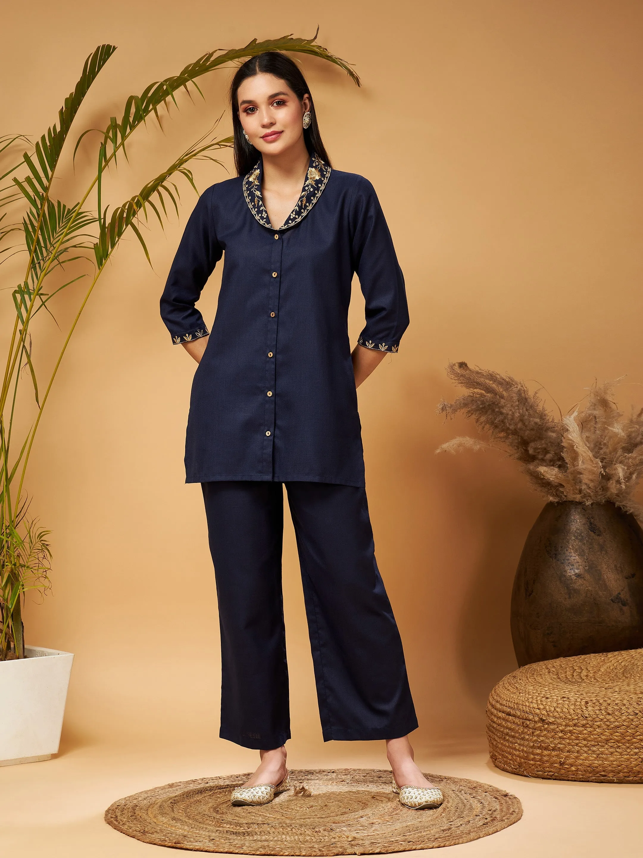 Women Navy Zari Embroidered Shawl Collar Top With Palazzos