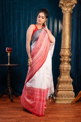 Women Off-White Body Red And Black Border  Begampuri Pure Cotton Saree