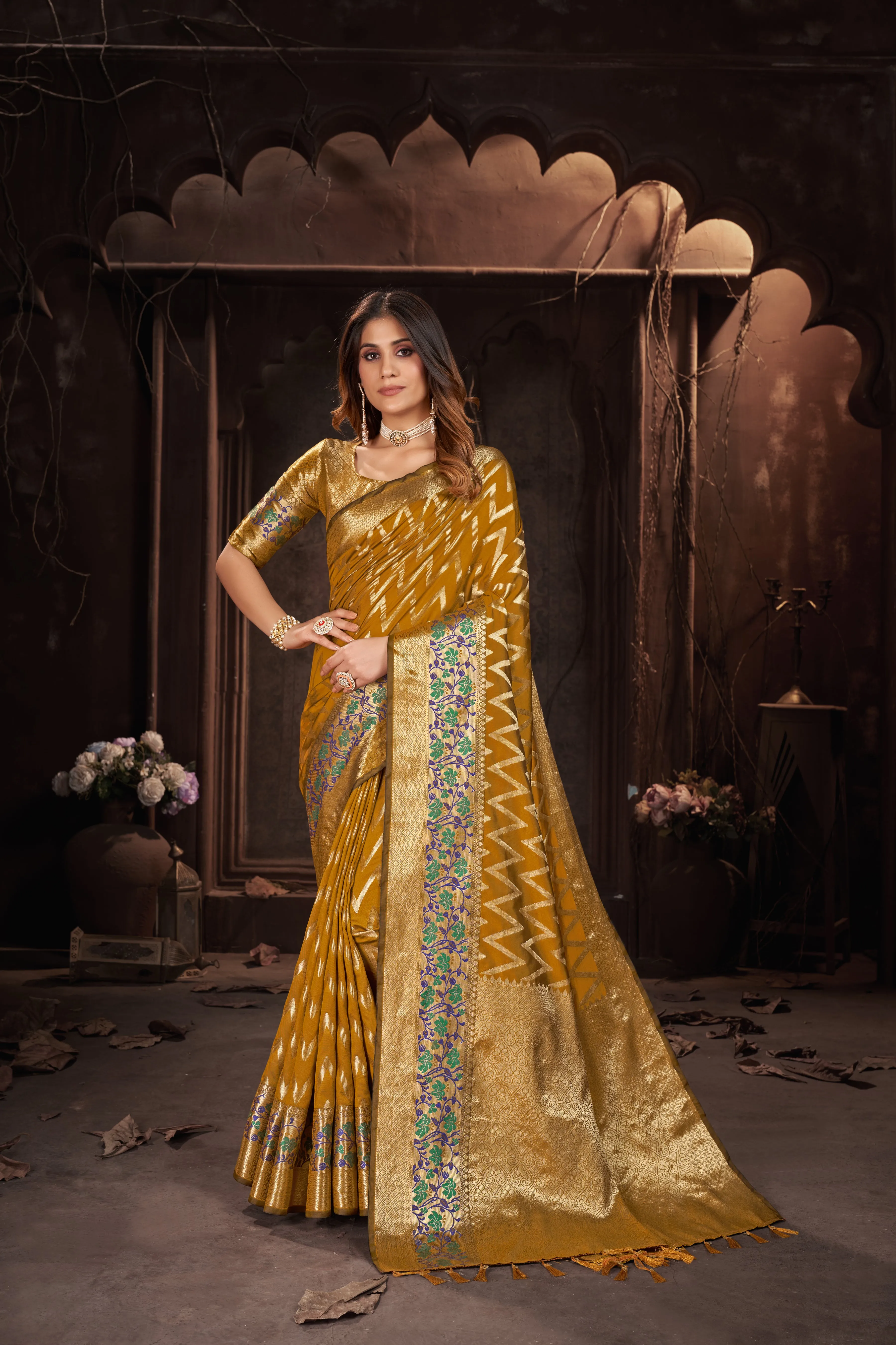 Women Party Wear Weaving Leherai Silk Yellow colour Saree with Un-Stitched Blouse