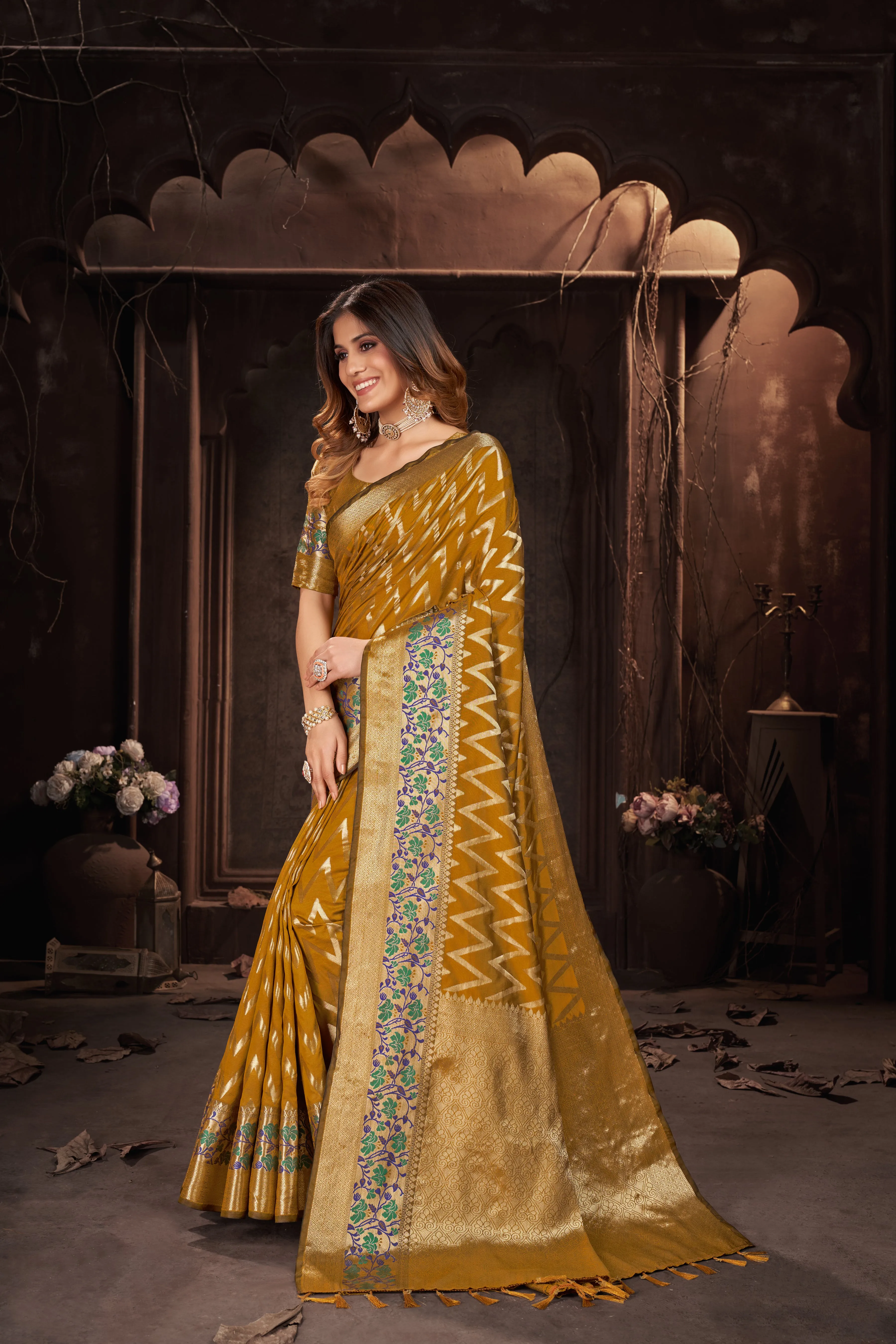 Women Party Wear Weaving Leherai Silk Yellow colour Saree with Un-Stitched Blouse