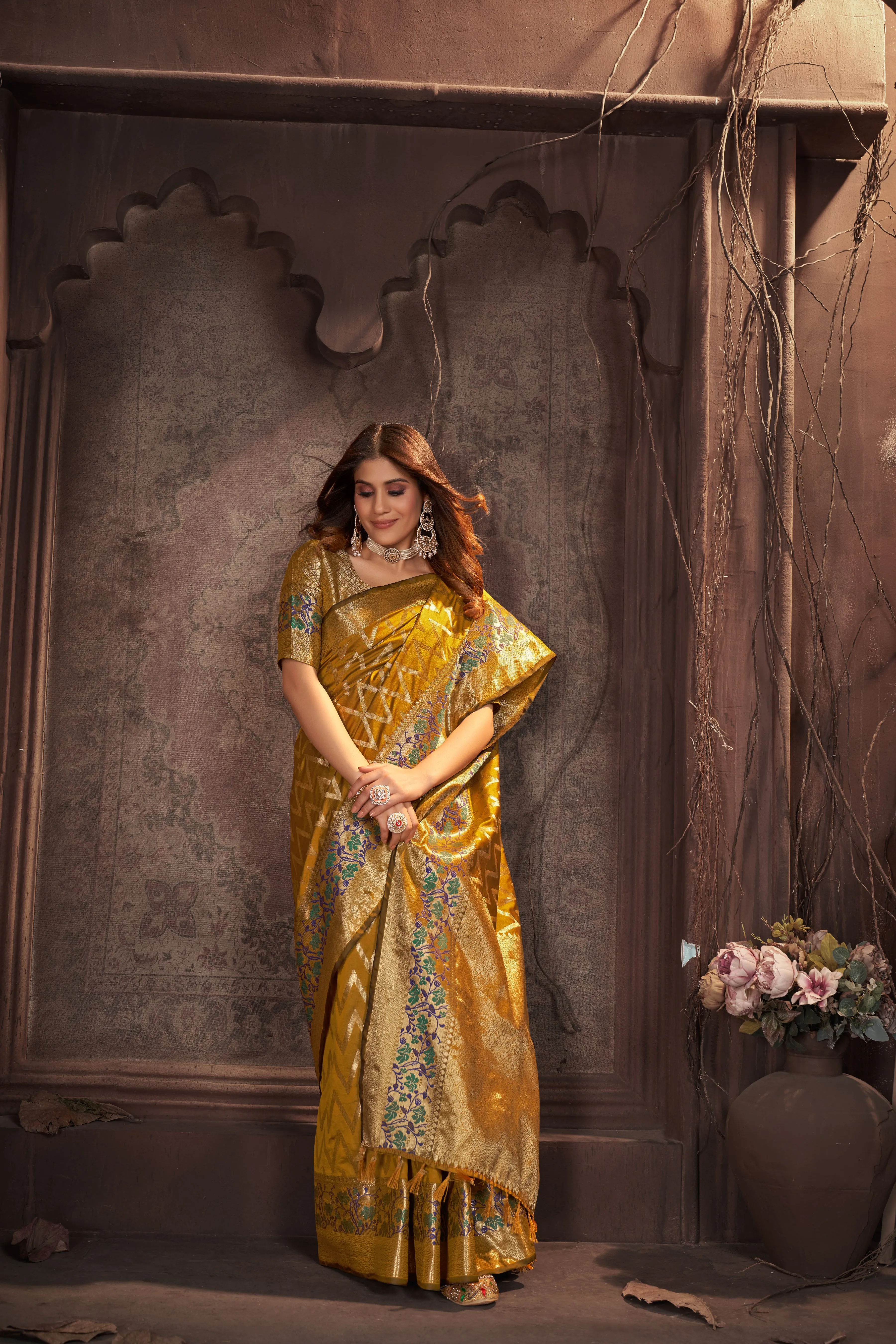 Women Party Wear Weaving Leherai Silk Yellow colour Saree with Un-Stitched Blouse