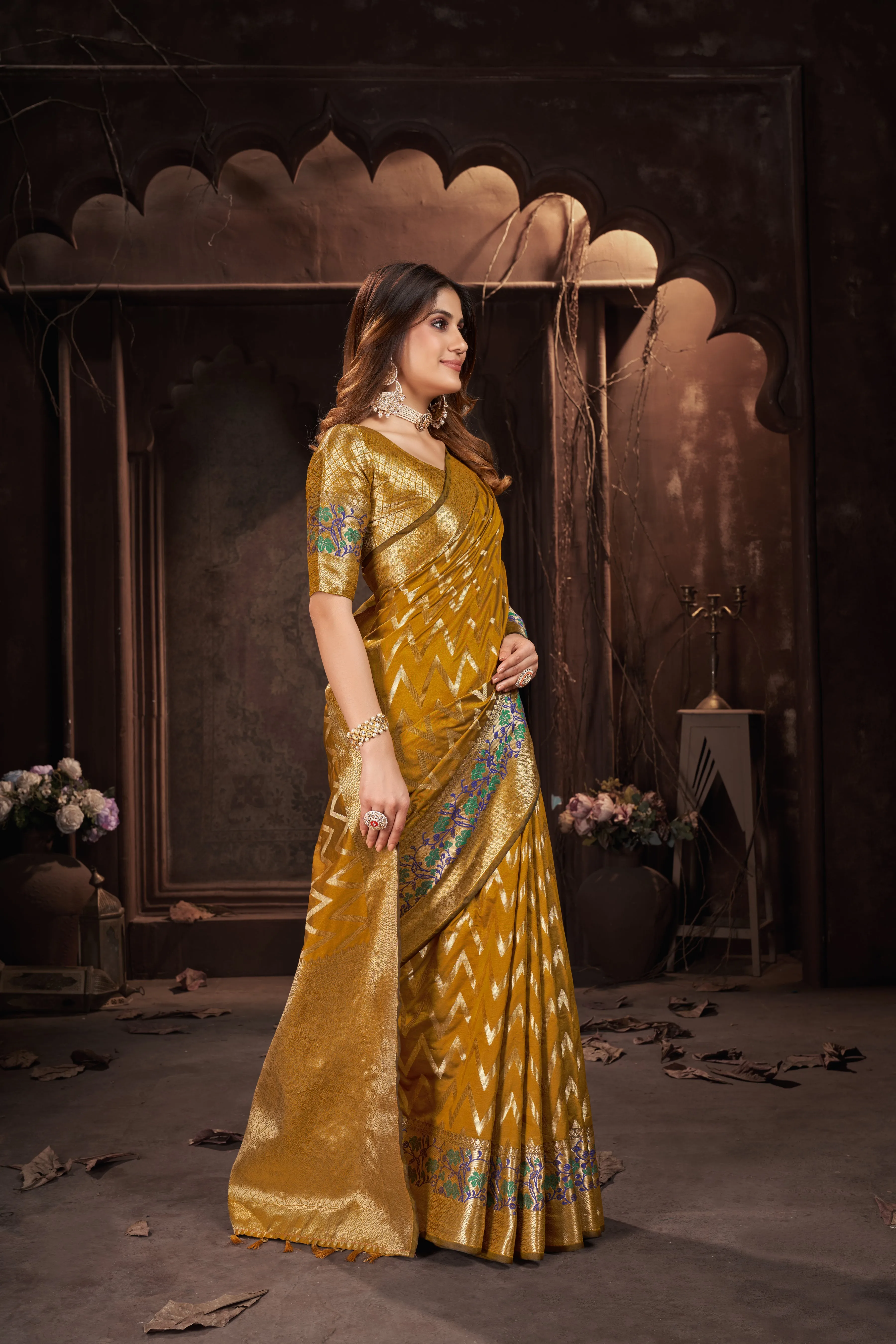 Women Party Wear Weaving Leherai Silk Yellow colour Saree with Un-Stitched Blouse