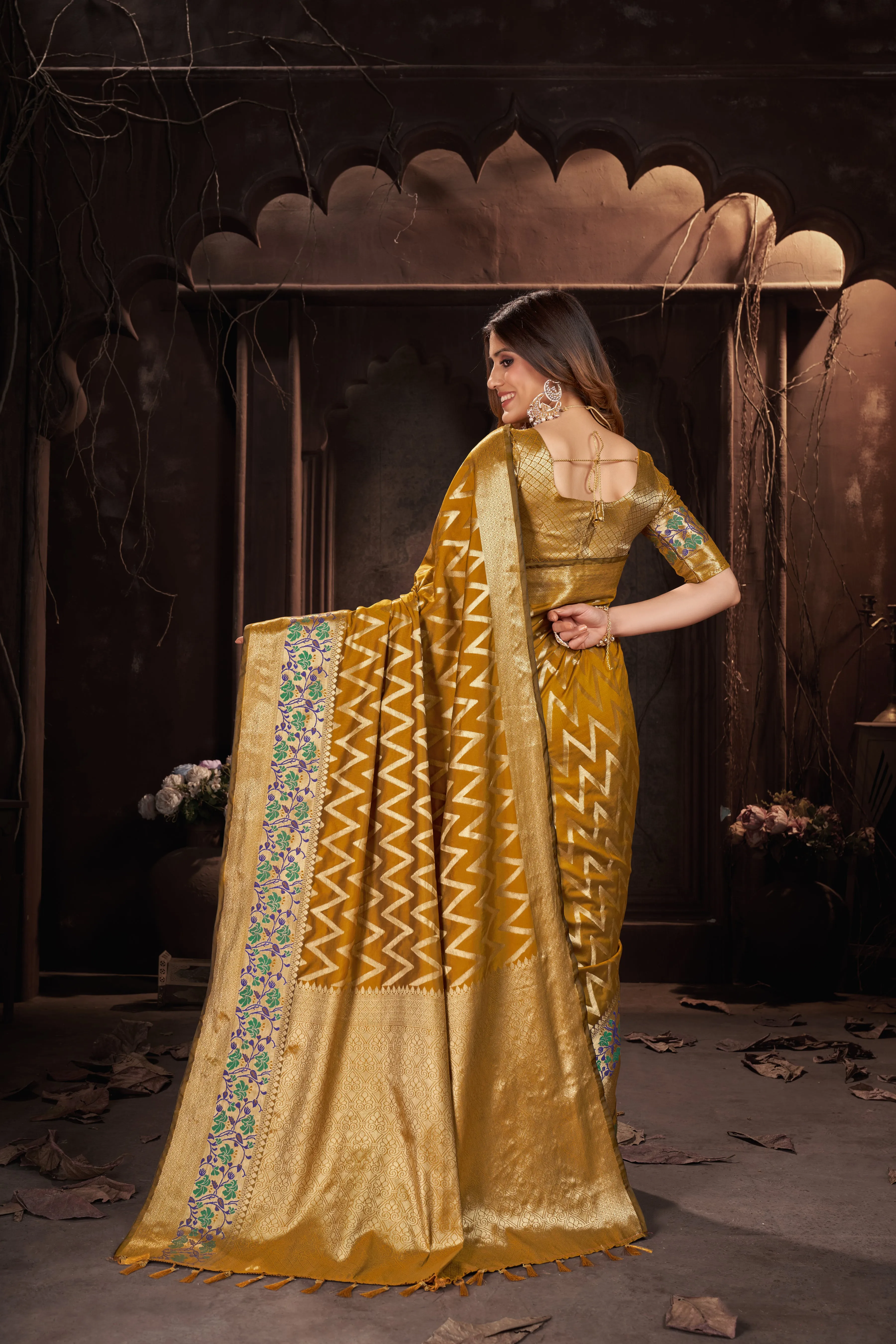 Women Party Wear Weaving Leherai Silk Yellow colour Saree with Un-Stitched Blouse