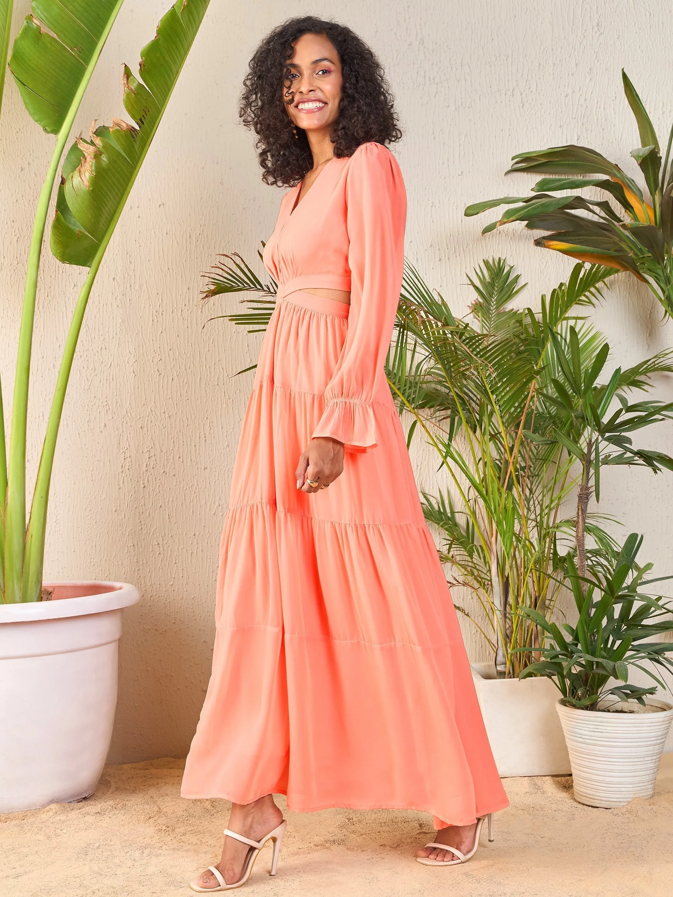 Women Peach Waist Cut-Out Maxi Dress