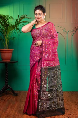 Women Pink And Black Blended Cotton Saree With Warli Motifs