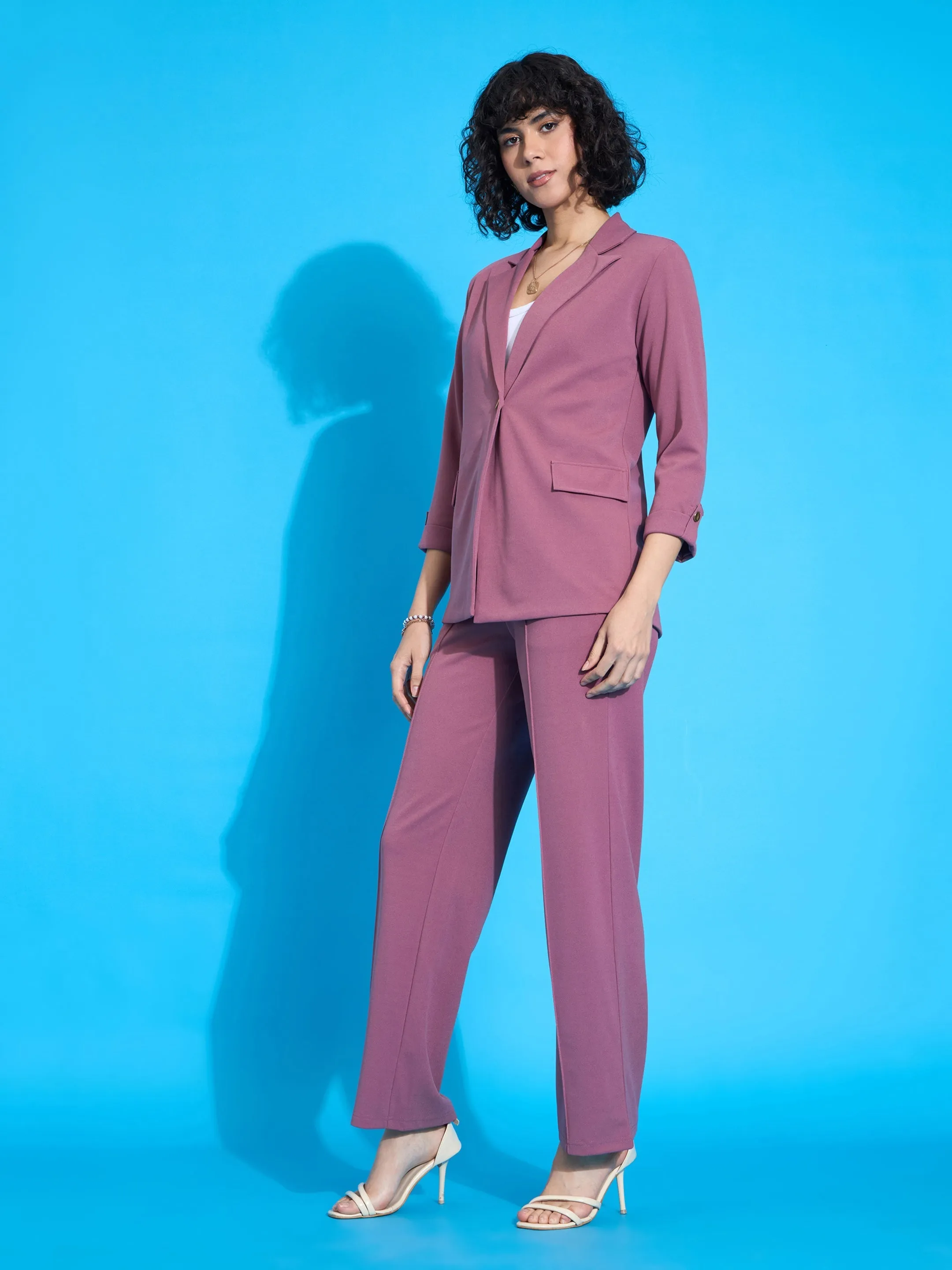 Women Pink Front Button Blazer With Front Darted Pants