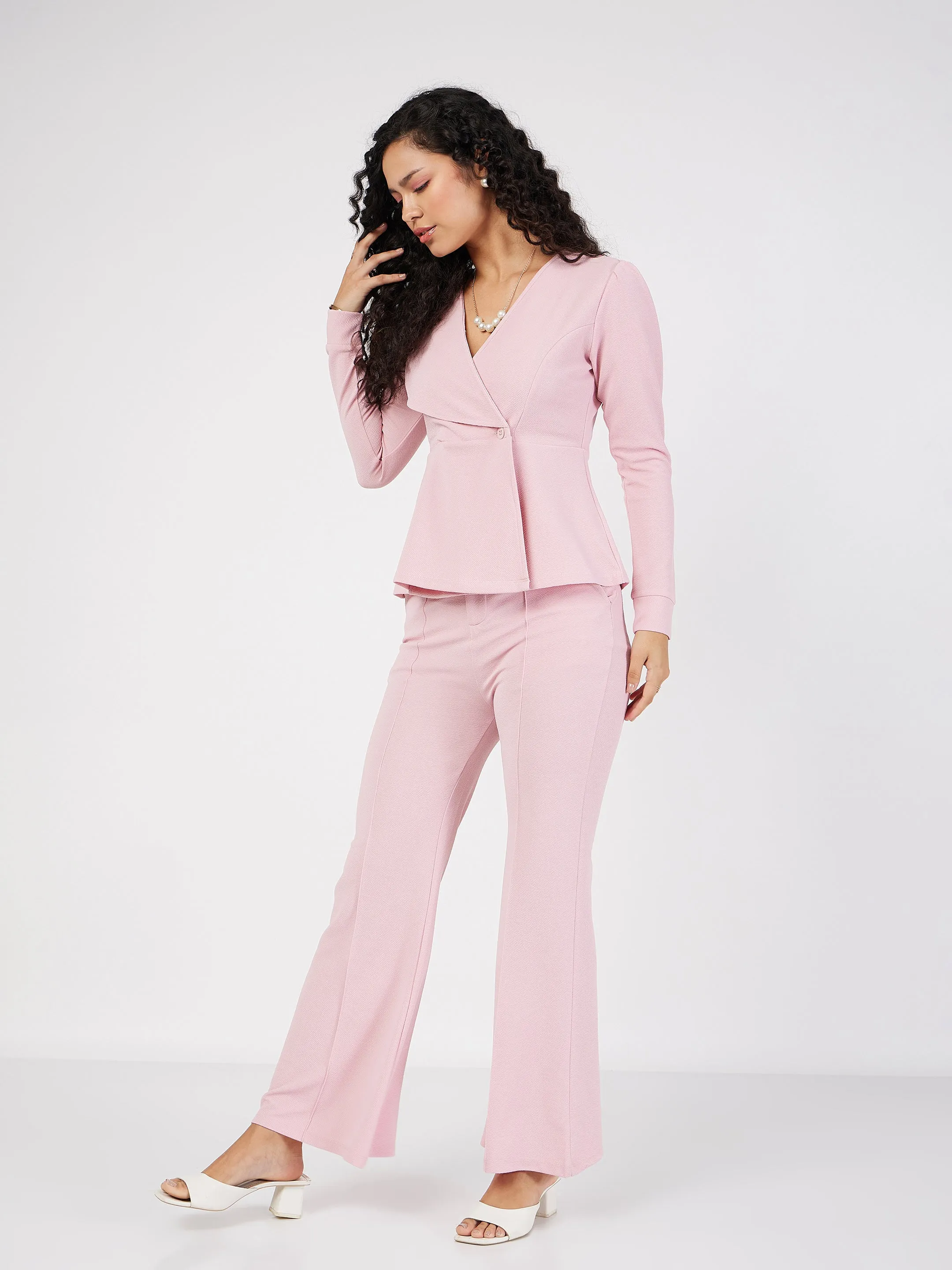 Women Pink Wrap Peplum Top With Bellbottom Pants