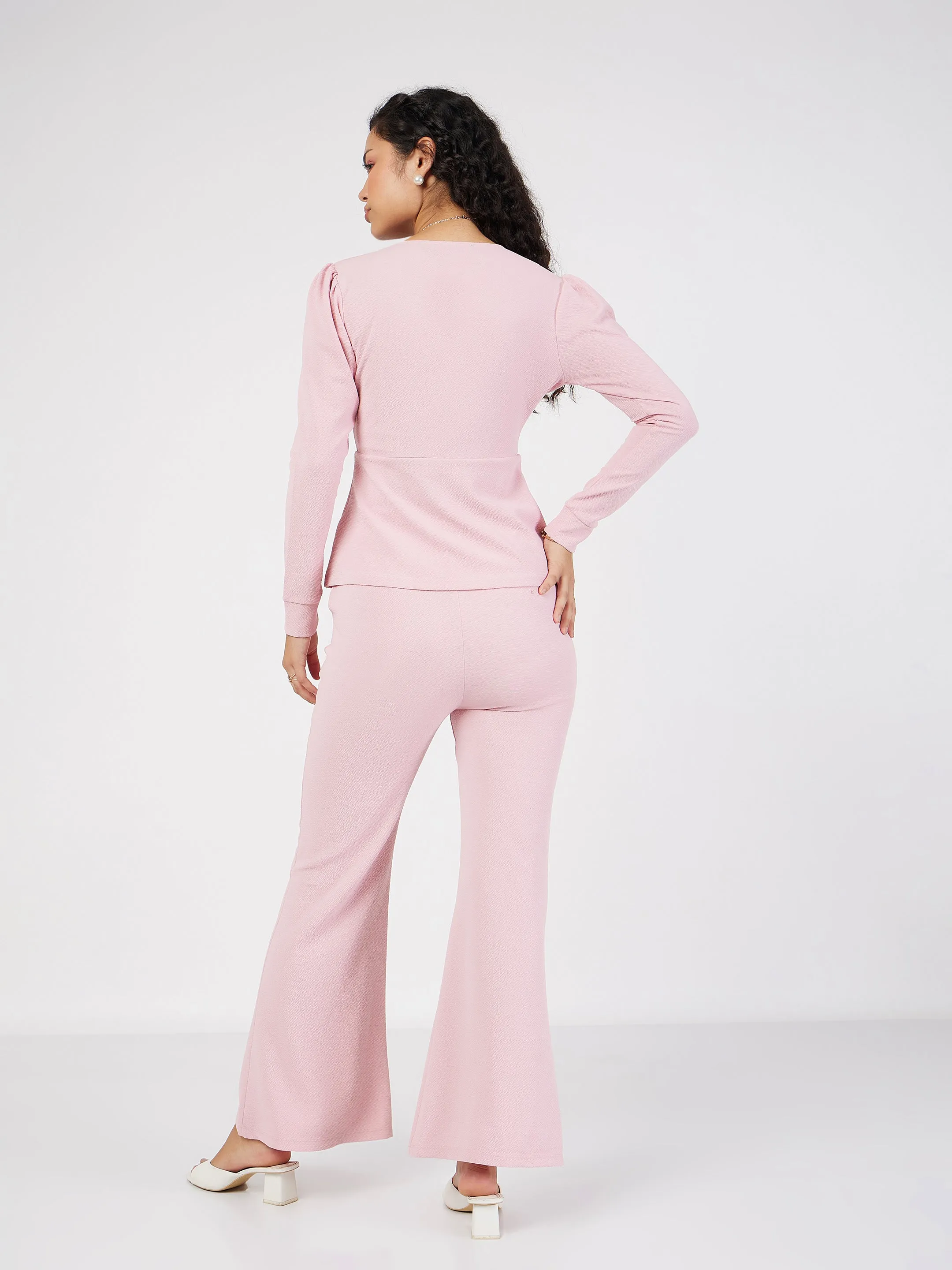 Women Pink Wrap Peplum Top With Bellbottom Pants