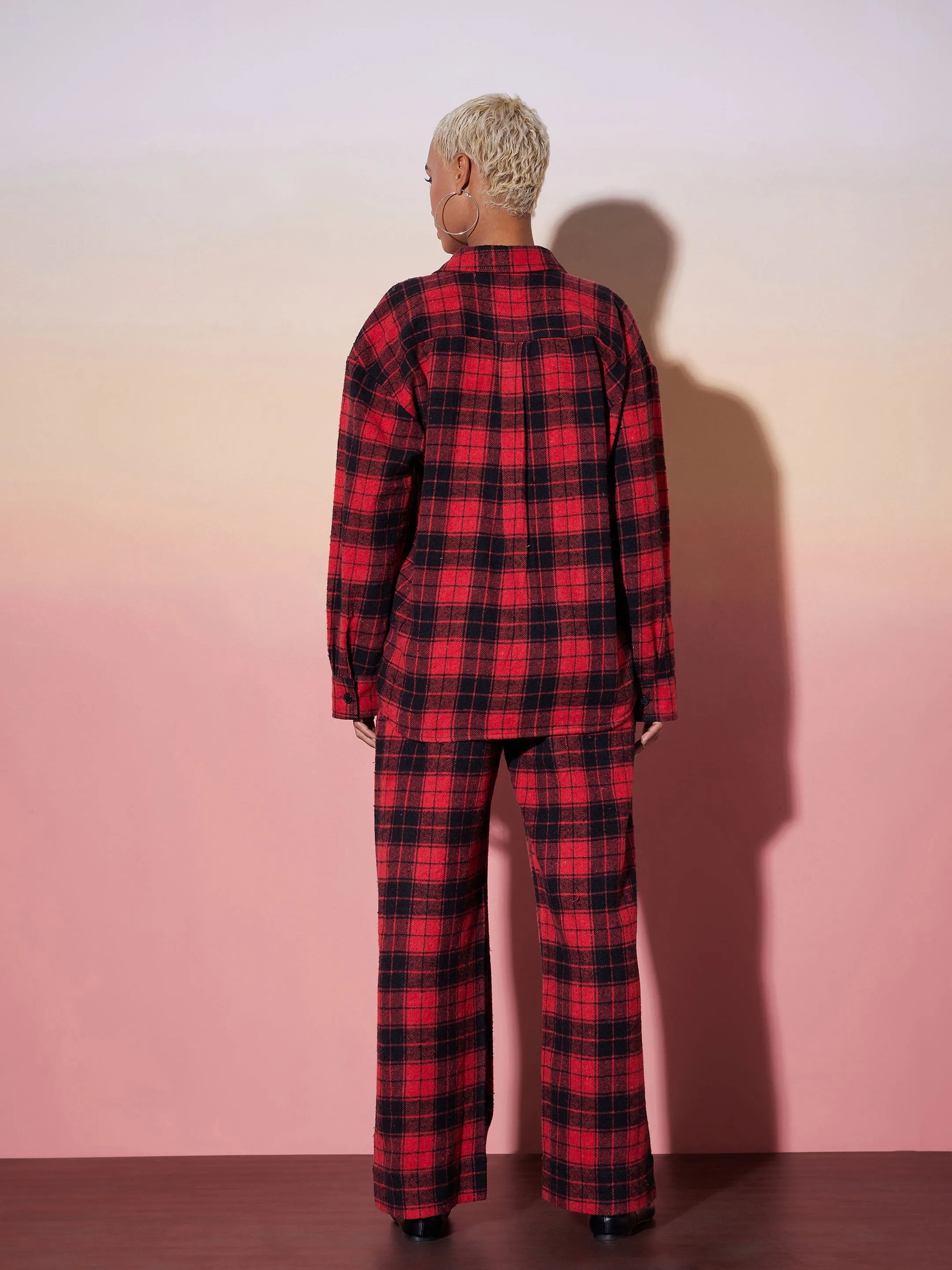 Women Red & Black Check Shirt With Lounge Pants