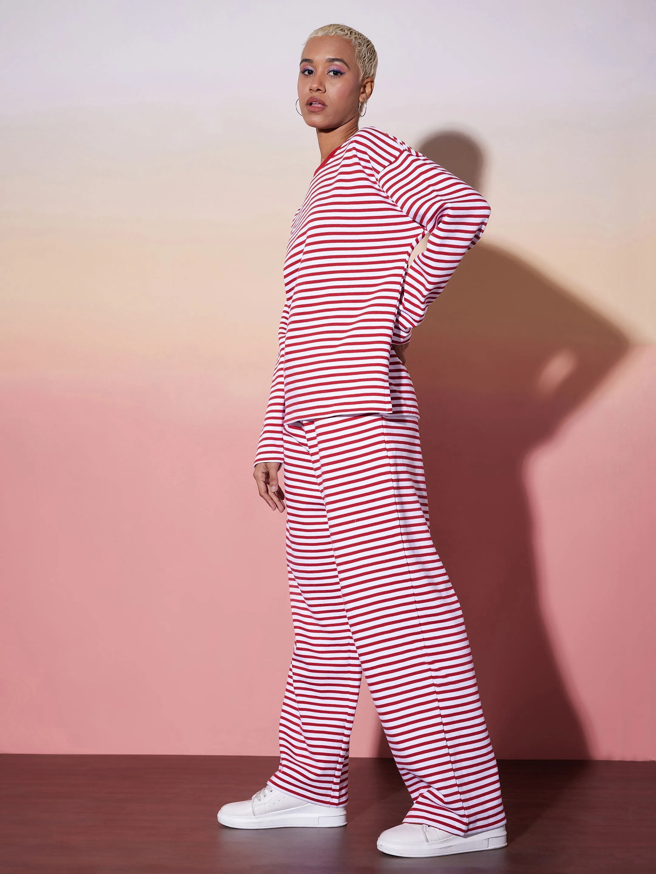 Women Red & White Stripe Top With Lounge Pants