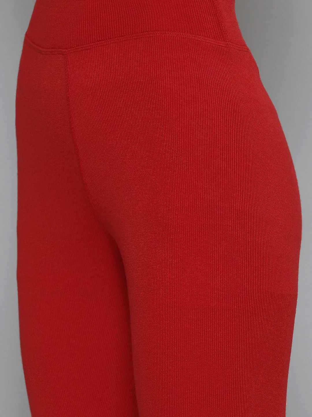 Women Red Rib Active Crop Top With Tights