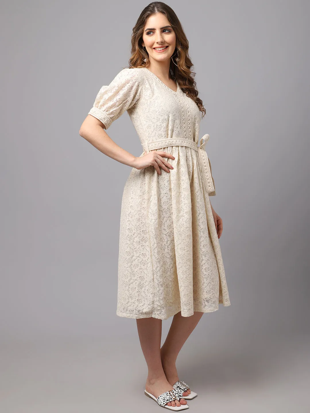 Women Schiffli Fabric Dress With Puff Sleeves.