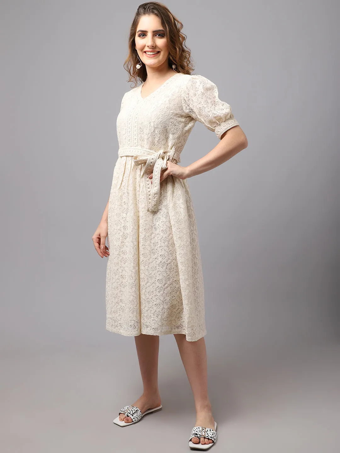 Women Schiffli Fabric Dress With Puff Sleeves.