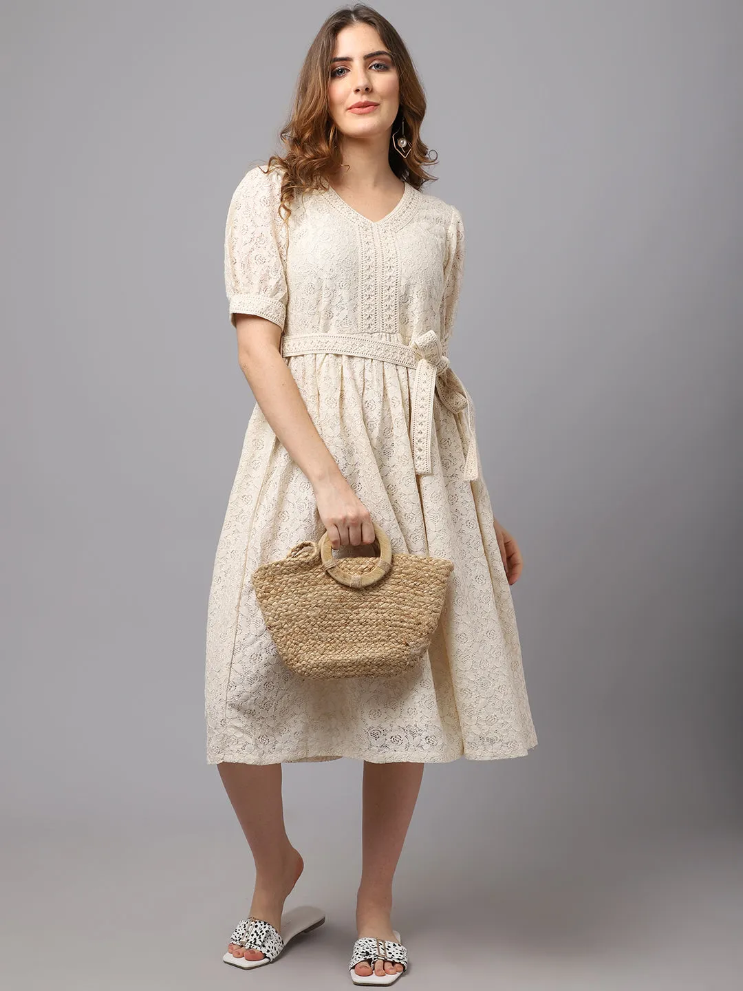 Women Schiffli Fabric Dress With Puff Sleeves.