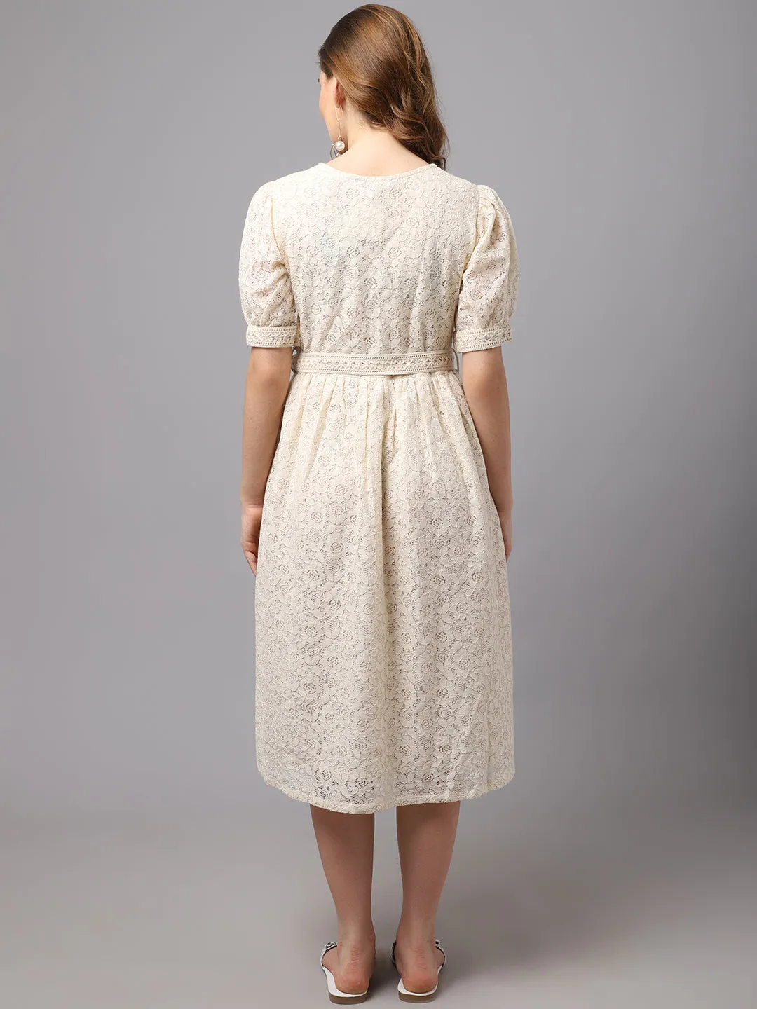 Women Schiffli Fabric Dress With Puff Sleeves.