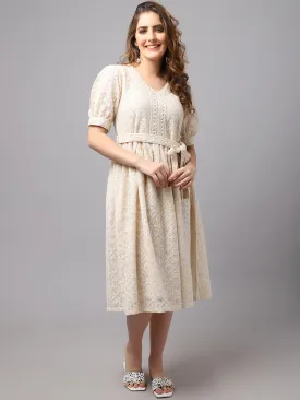 Women Schiffli Fabric Dress With Puff Sleeves.