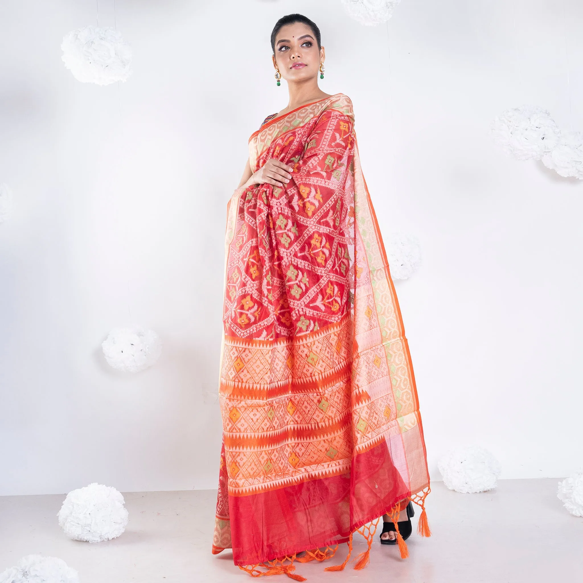 Women Varanasi Chanderi Saree In Red Color With Tree Motifs And Golden Border