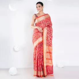 Women Varanasi Chanderi Saree In Red Color With Tree Motifs And Golden Border