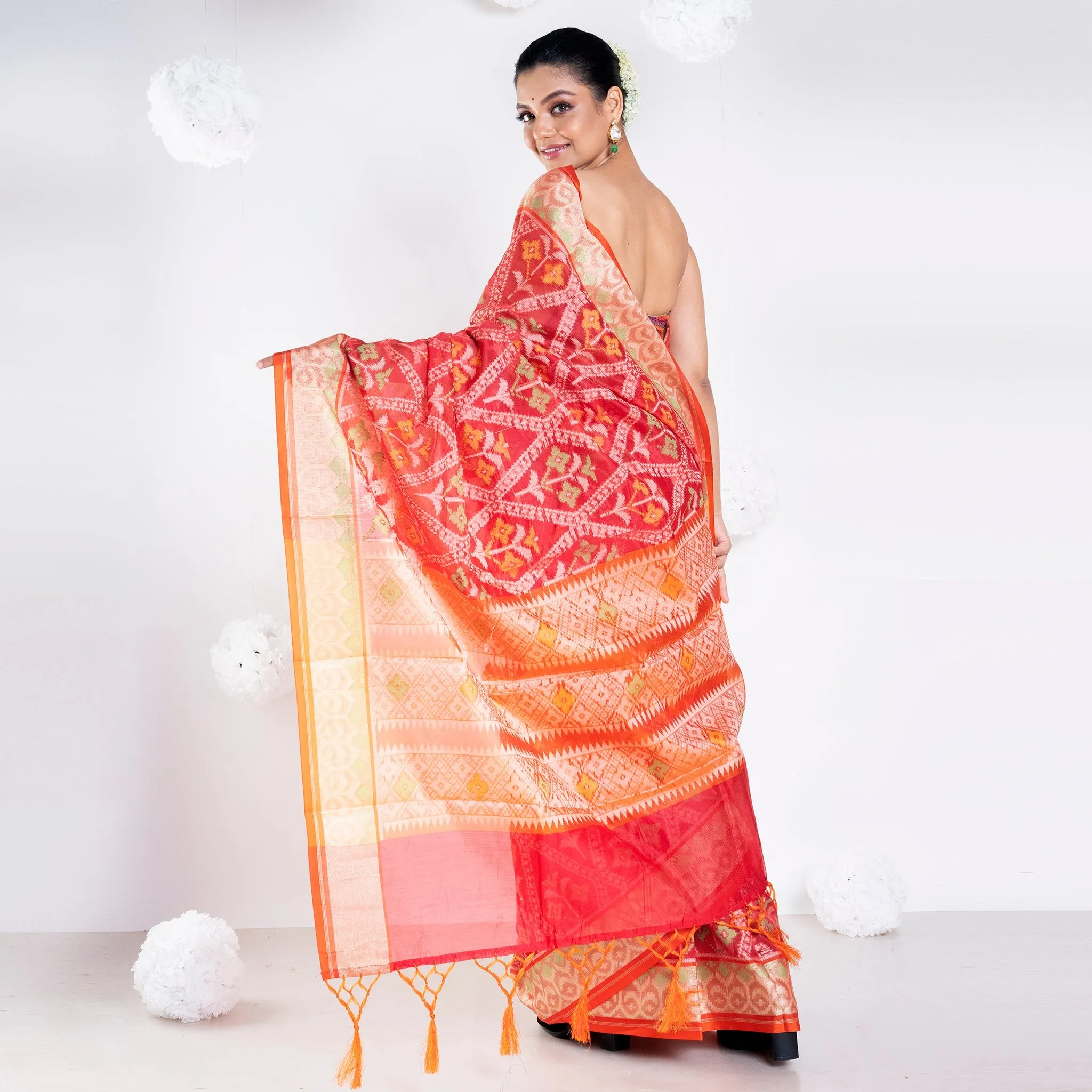 Women Varanasi Chanderi Saree In Red Color With Tree Motifs And Golden Border