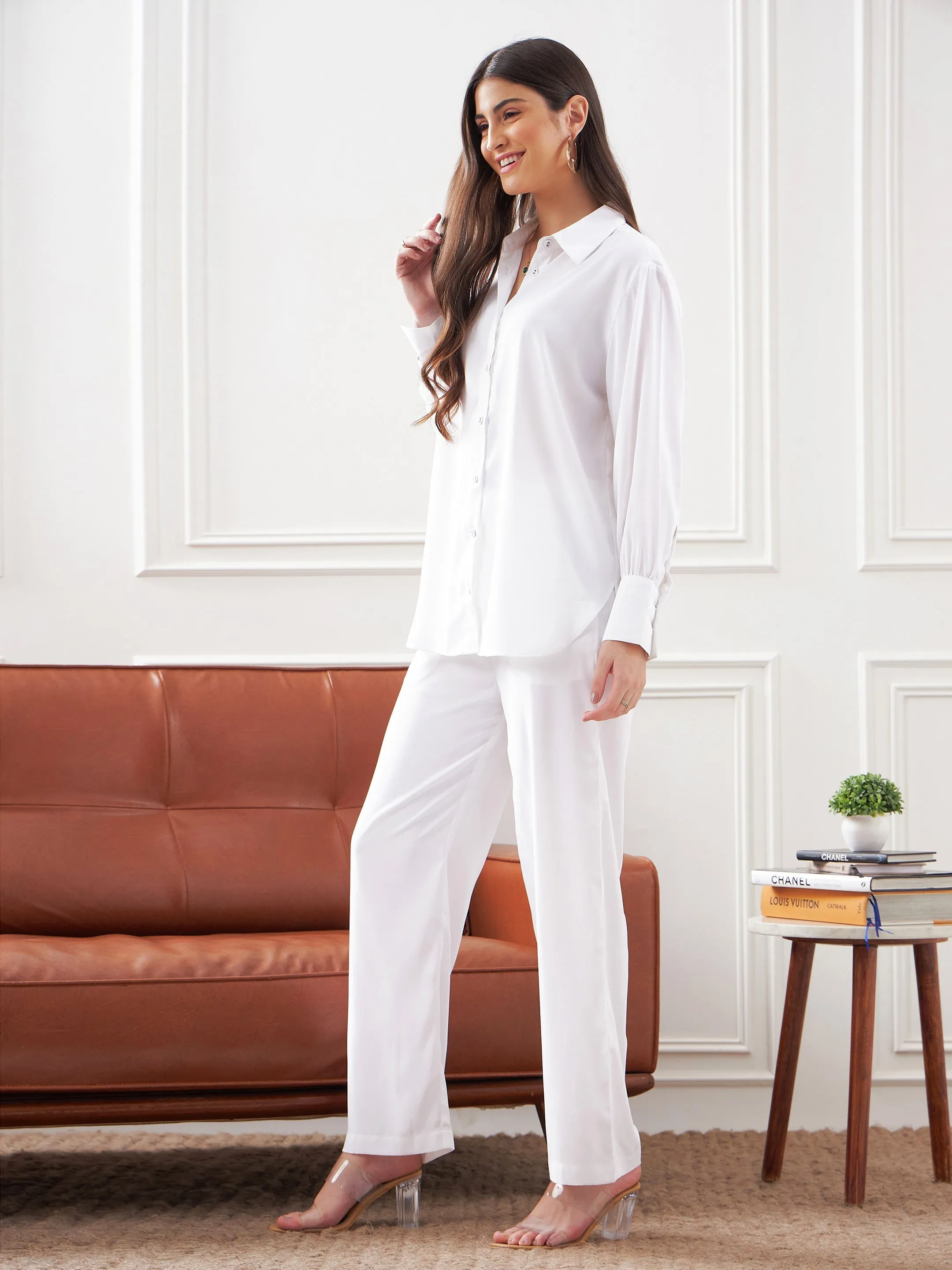 Women White Satin Shirt With Lounge Pants