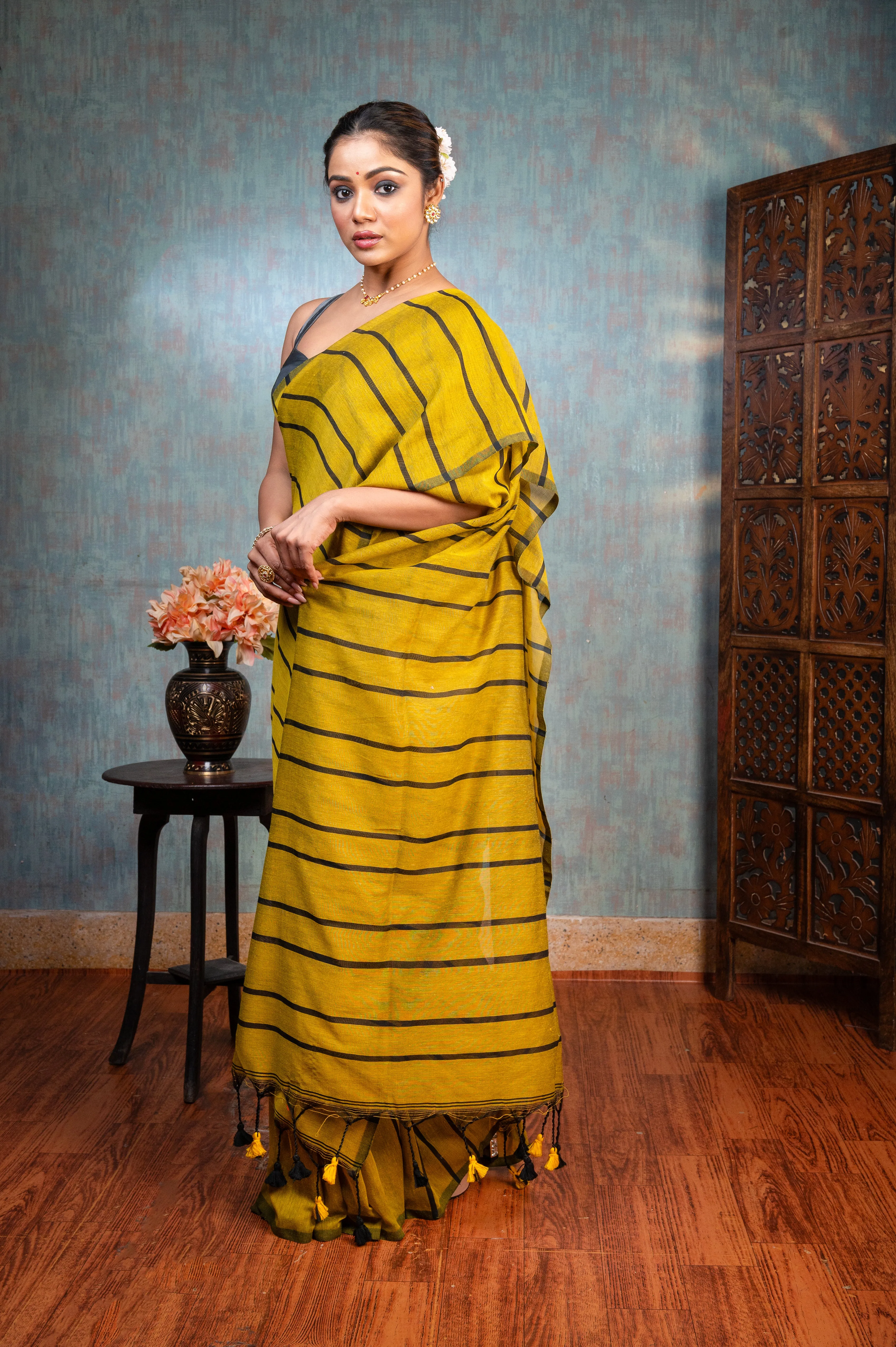 Women Yellow Handloom Linen Saree With Black Stripe