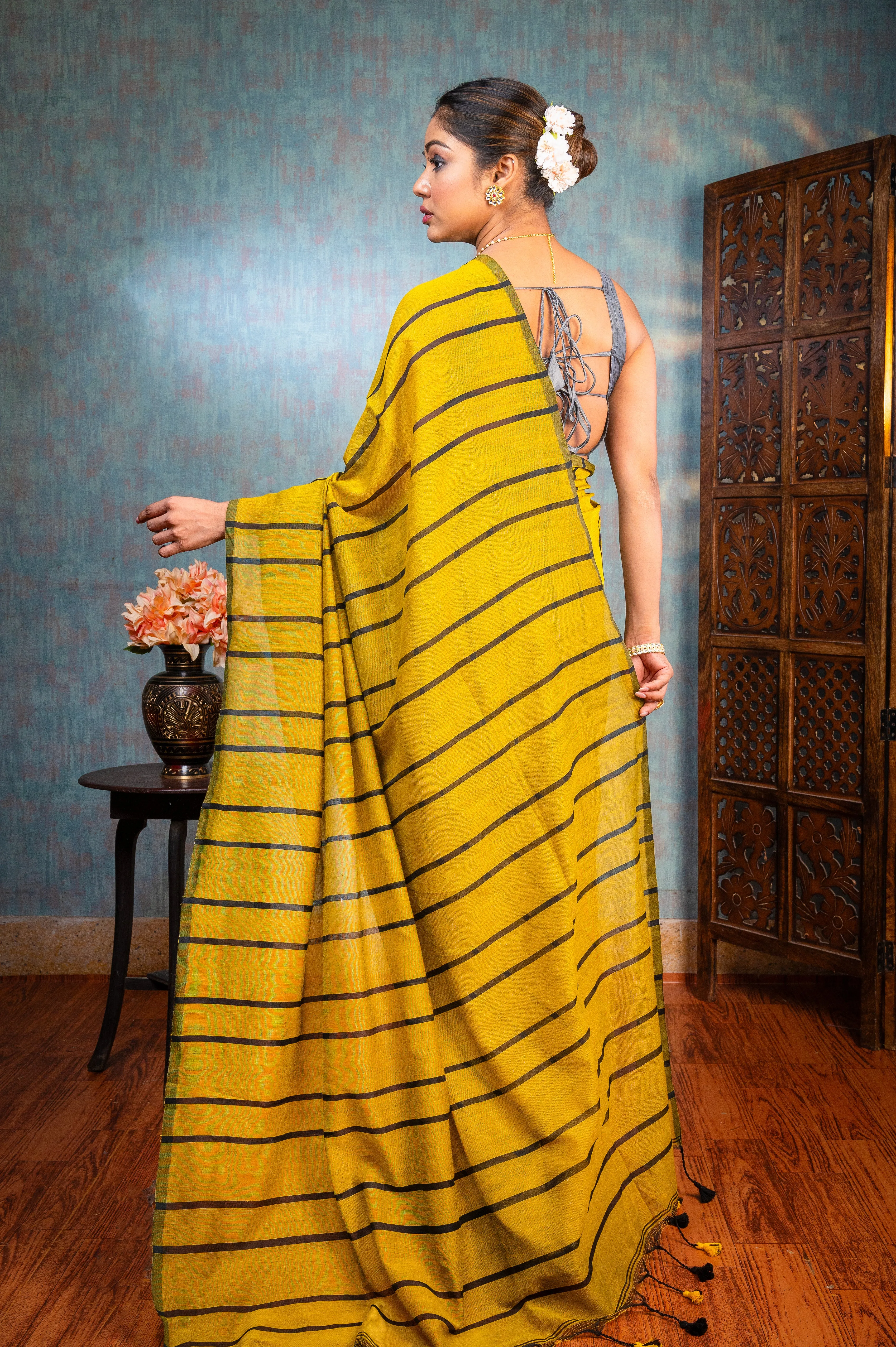 Women Yellow Handloom Linen Saree With Black Stripe