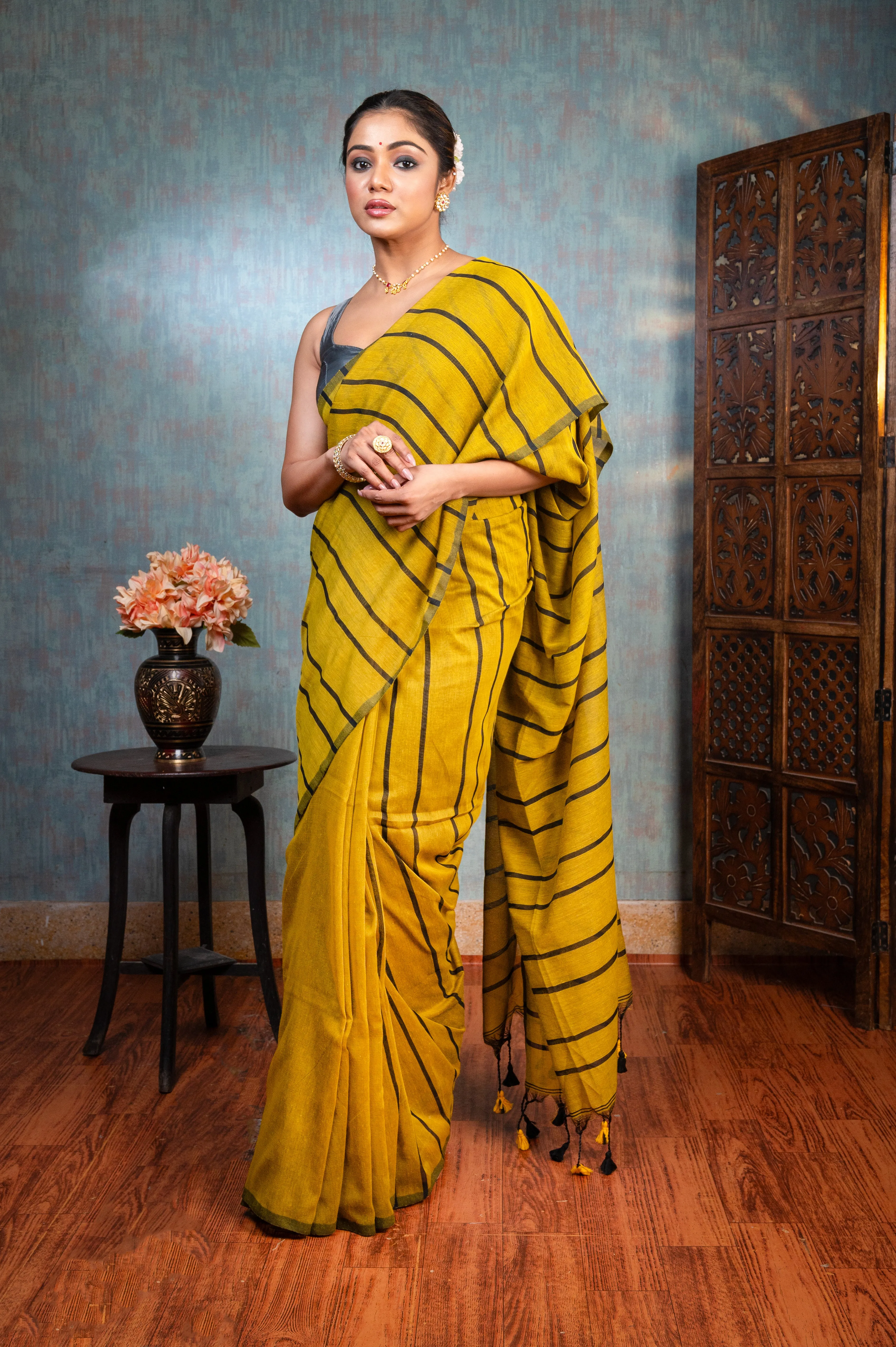 Women Yellow Handloom Linen Saree With Black Stripe