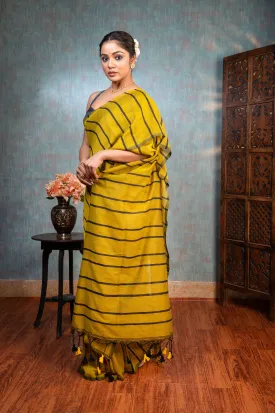 Women Yellow Handloom Linen Saree With Black Stripe